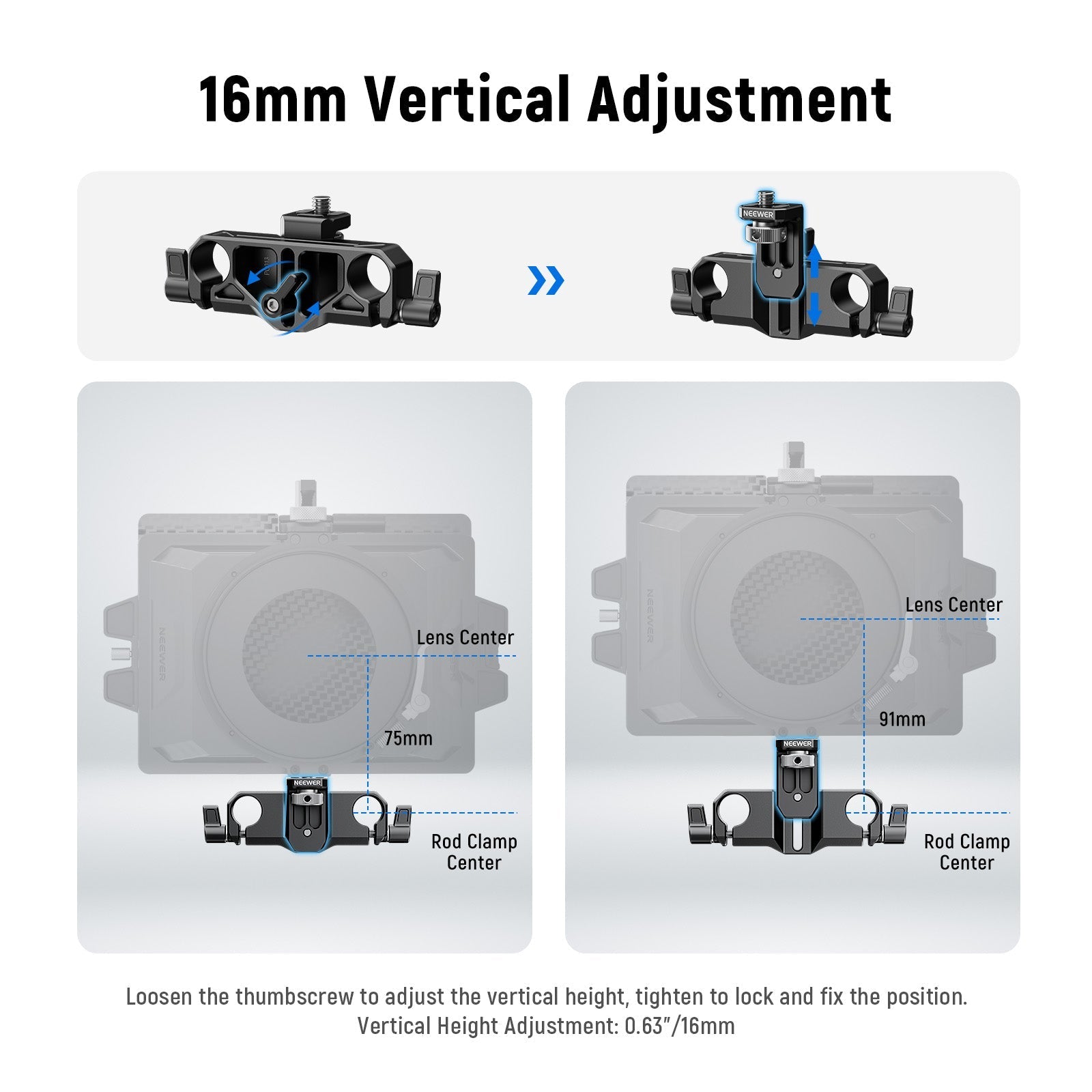 NEEWER PG013 Height Adjustable LWS 15mm Rod Clamp Matte Box Support