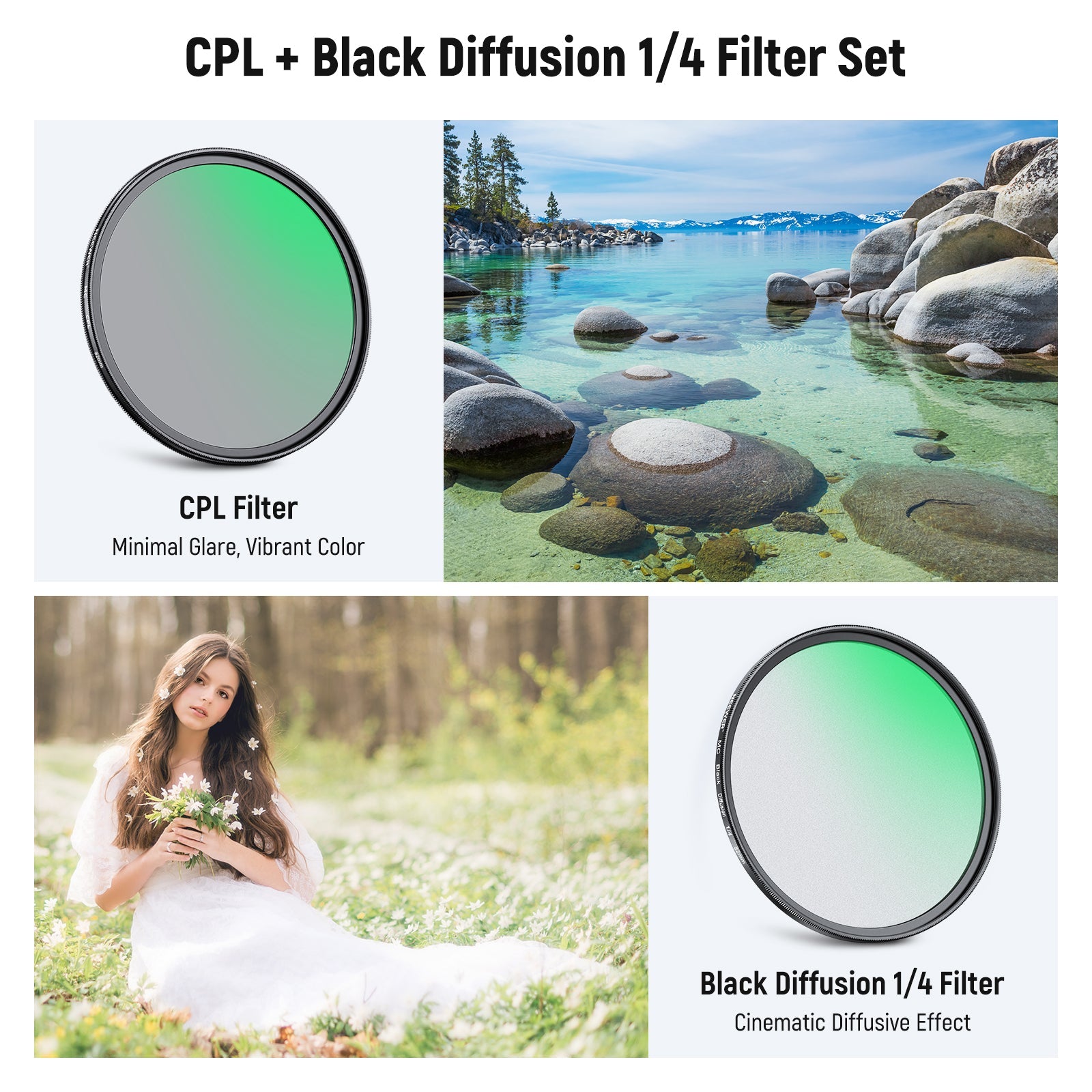 NEEWER 2 Pack CPL + Black Diffusion 1/4 Filter Set