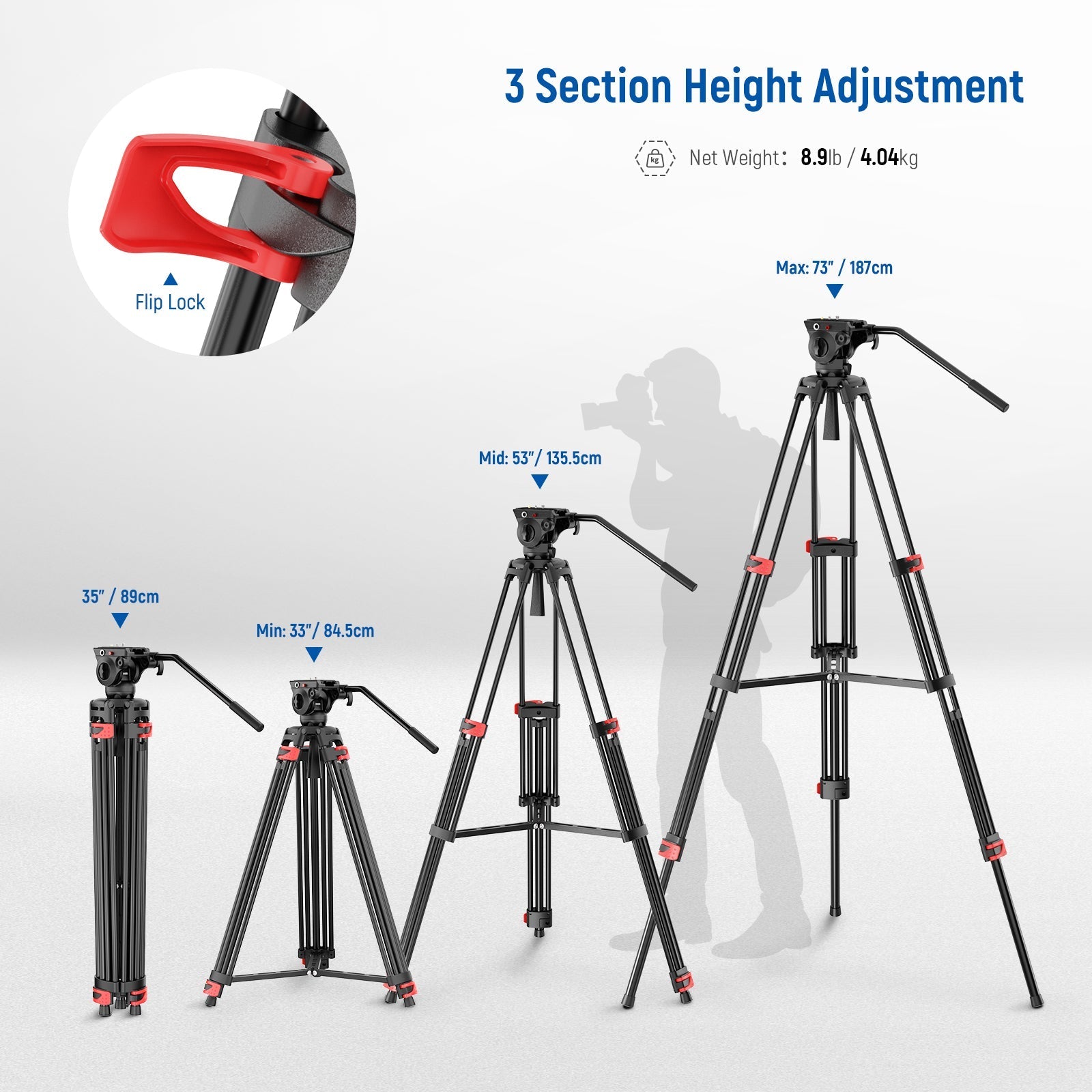 NEEWER BASICS TP37 74" Video Tripod with Fluid Head