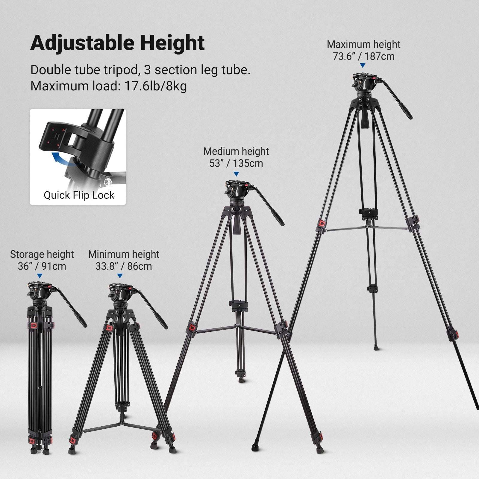 NEEWER TP74 74" Pro Video Tripod with Fluid Head