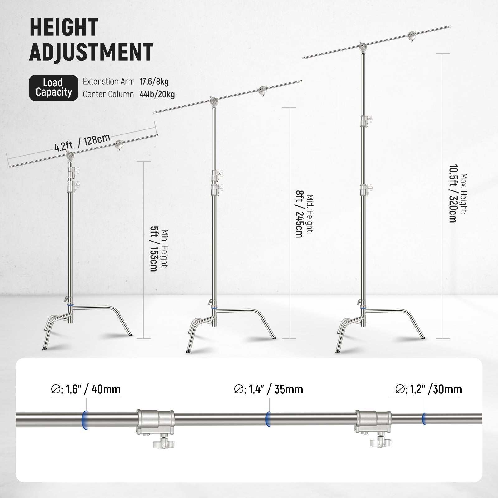 NEEWER SC320Q 320cm Stainless Steel Heavy Duty C Stand with Boom Arm