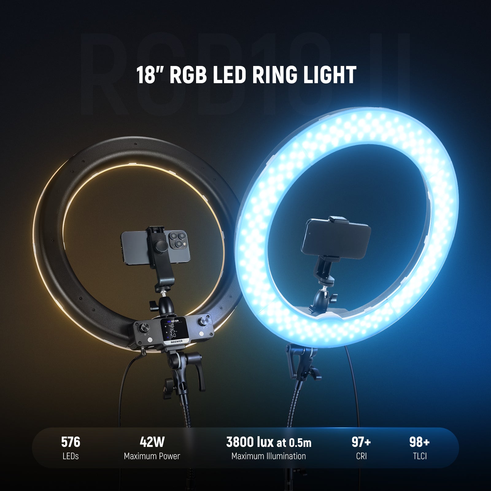 NEEWER RGB18 II 18 Inch RGB LED Ring Light With APP Control