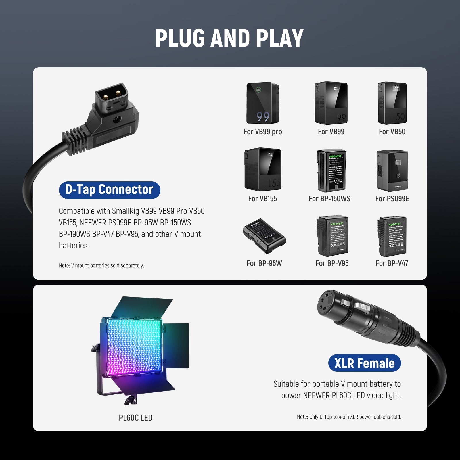 NEEWER NC011 D-Tap to 4 Pin XLR Cable for PL60C LED Video Light