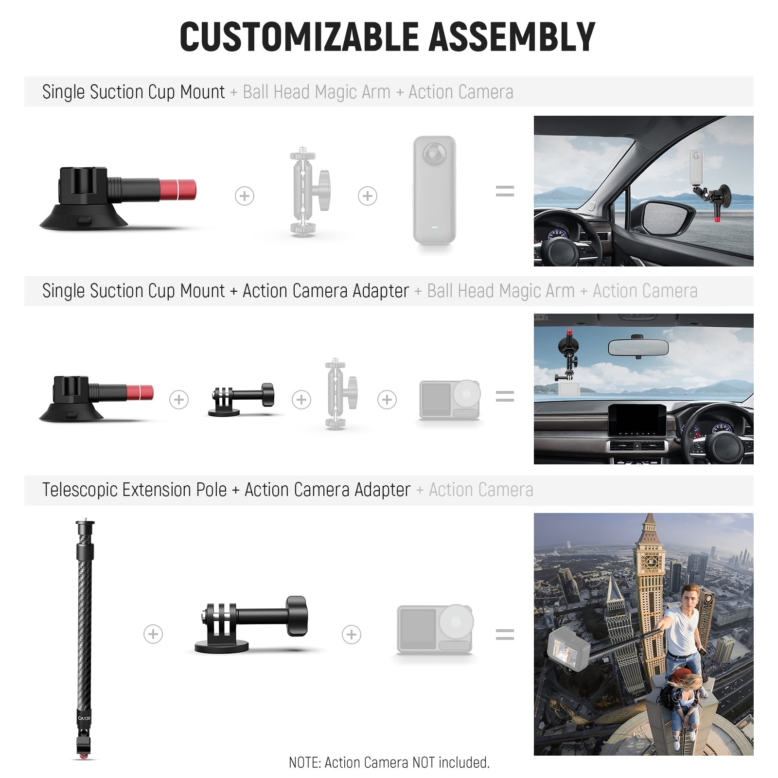 NEEWER CA136 Triple Suction Cup Extension Pole Car Mount Kit