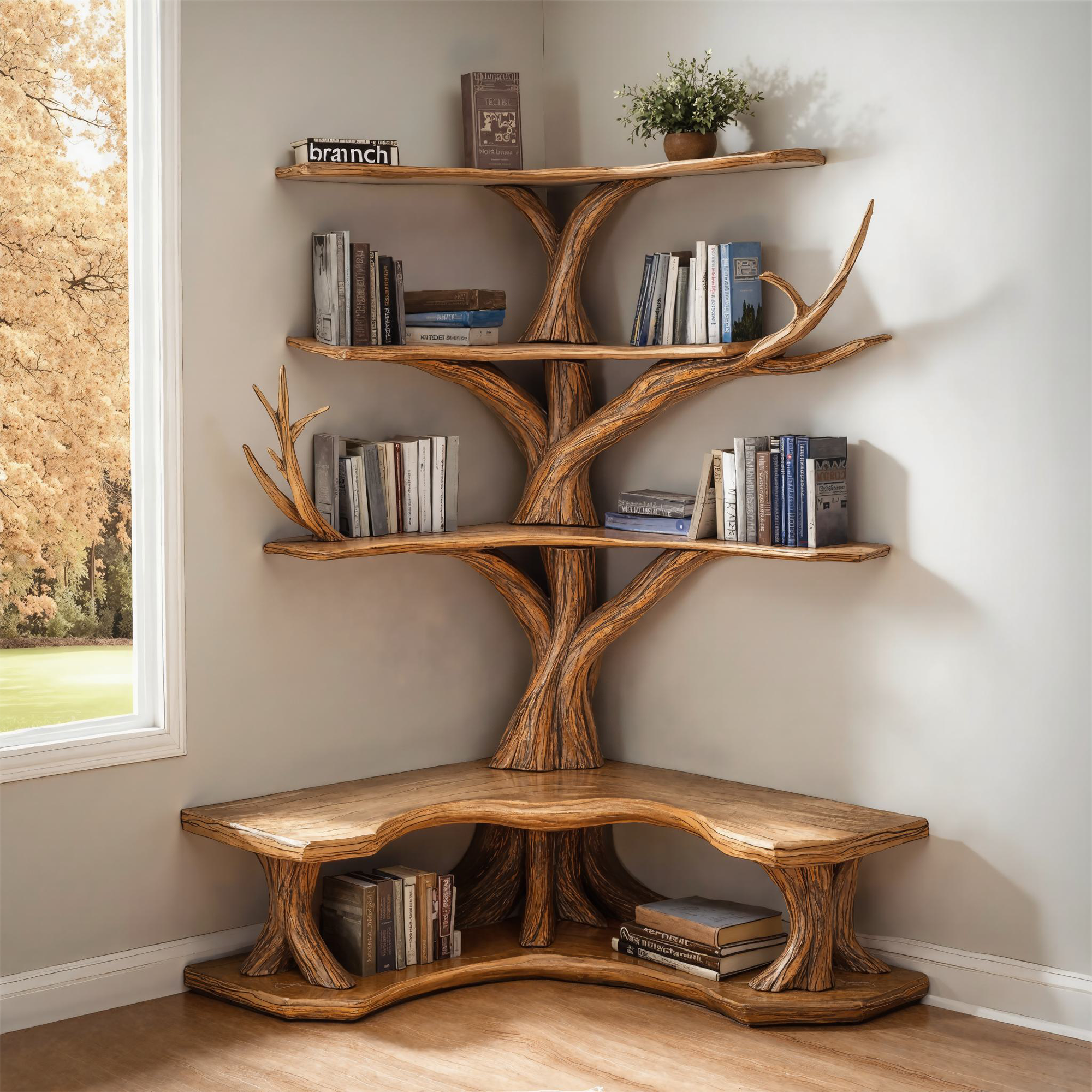 Tree Bookshelf With Corner Bench Lshaped Bench Driftwood Branch
