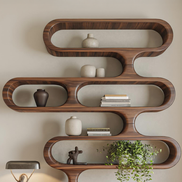 Organic Sculptural Wood Bookshelf With Curved Form For Living Room Or Office
