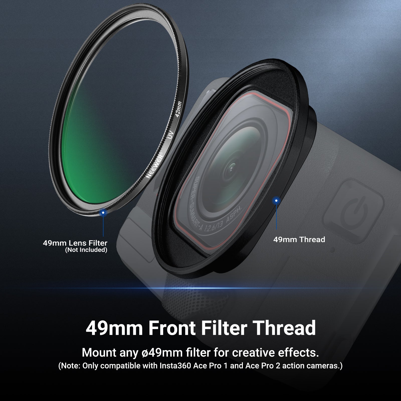 NEEWER 49mm Filter Adapter Ring Compatible with Insta360 Ace Pro 1/2