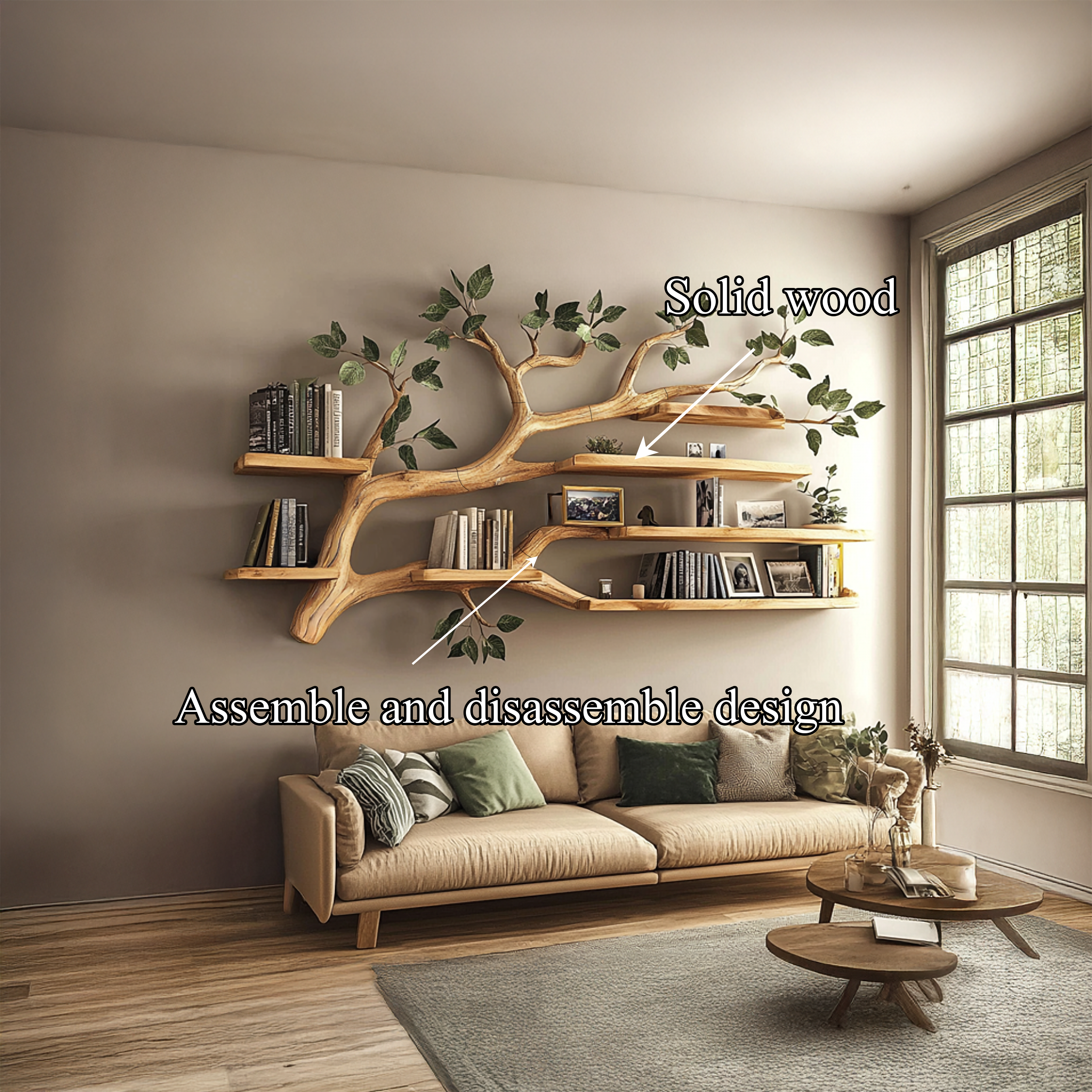 Rustic Tree Wall Shelf Living Room Office Reading Corner