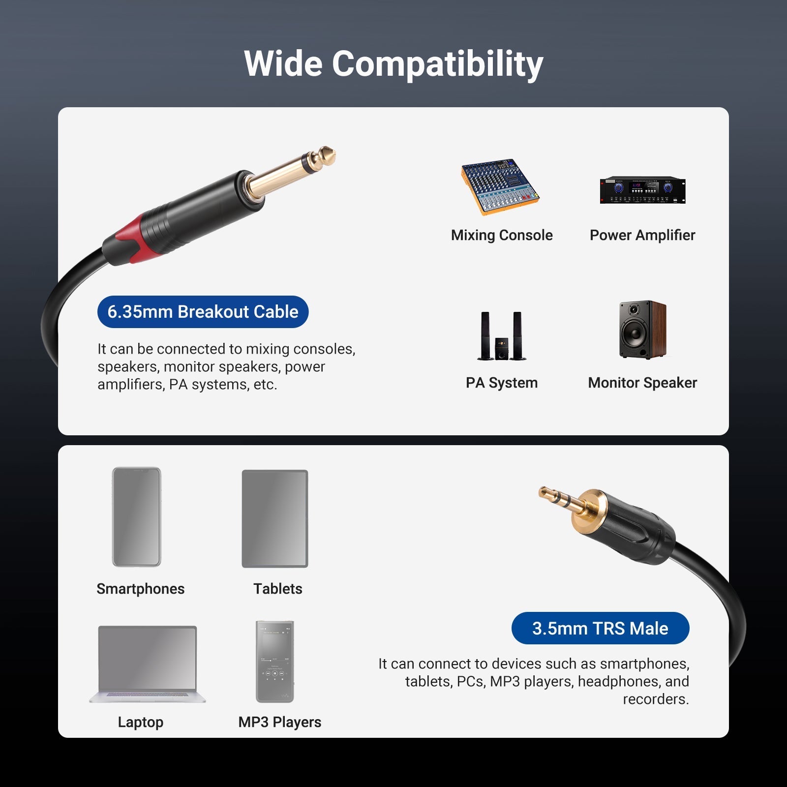 NEEWER 3.5mm 1/8 TRS to 1/4 Dual 6.35mm TS Breakout Cable
