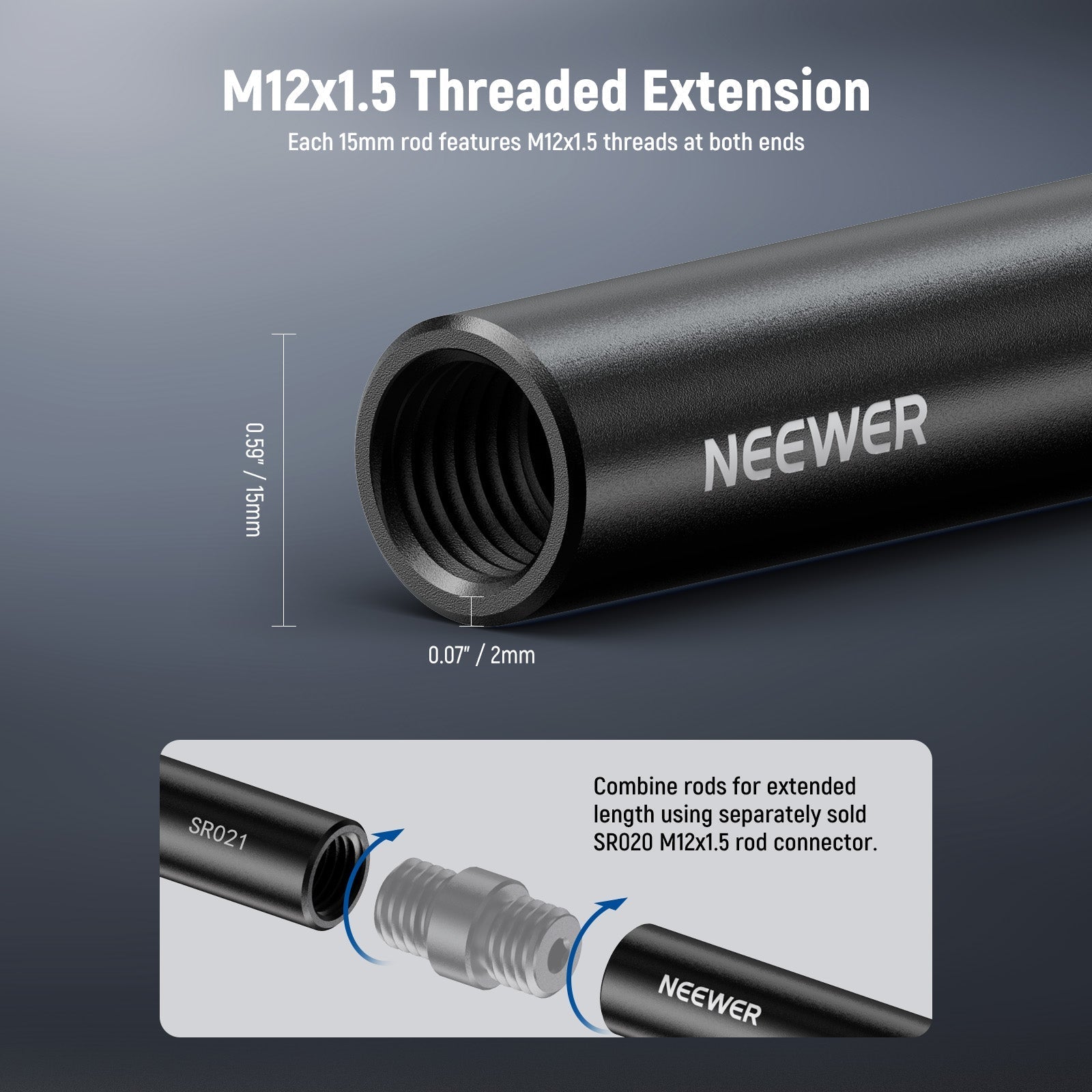 NEEWER 2 Pack Aluminum Alloy Extendable 15mm Rod