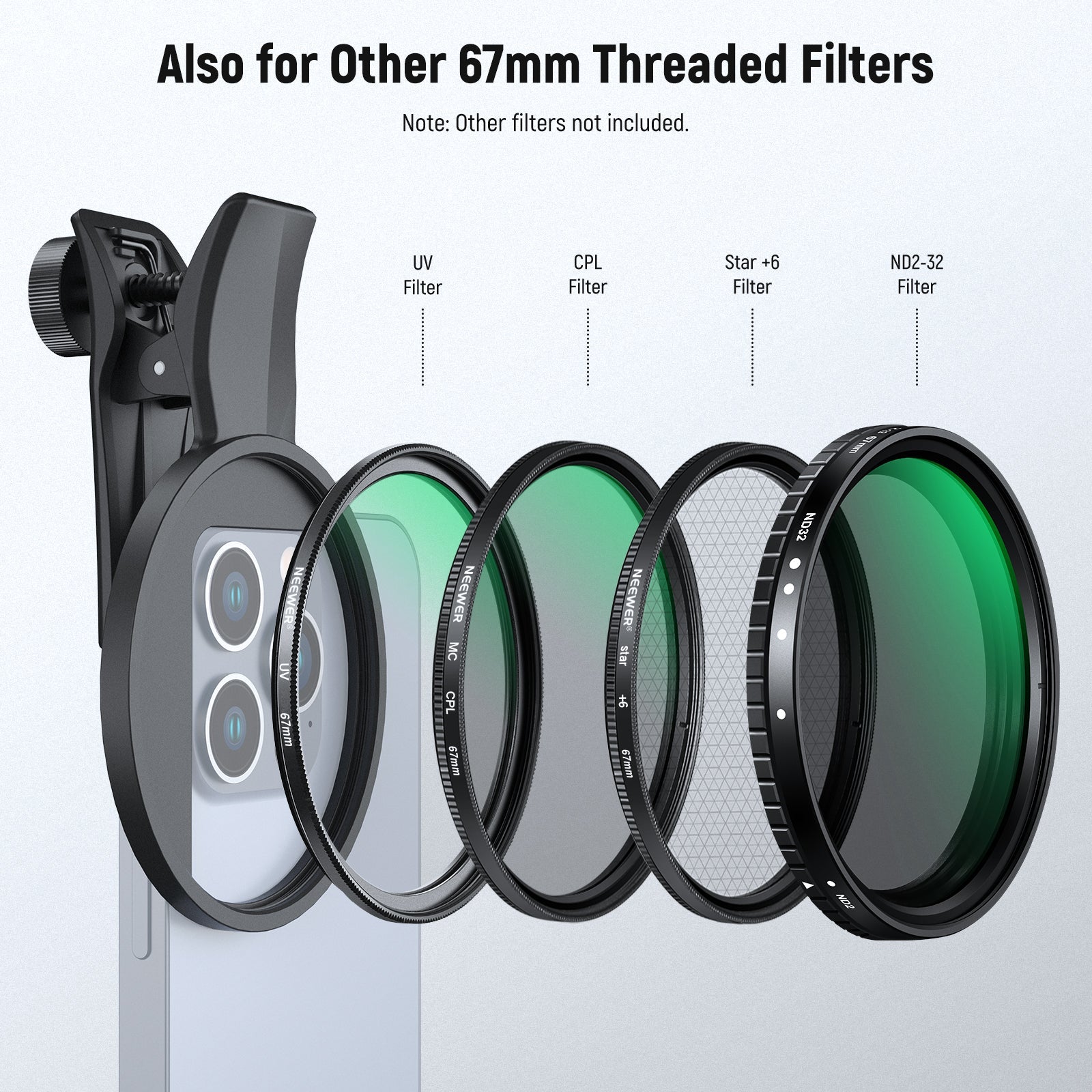NEEWER FL-B24/FL-B20 67mm Black Diffusion 1/4 Filter with Clip For Smartphone
