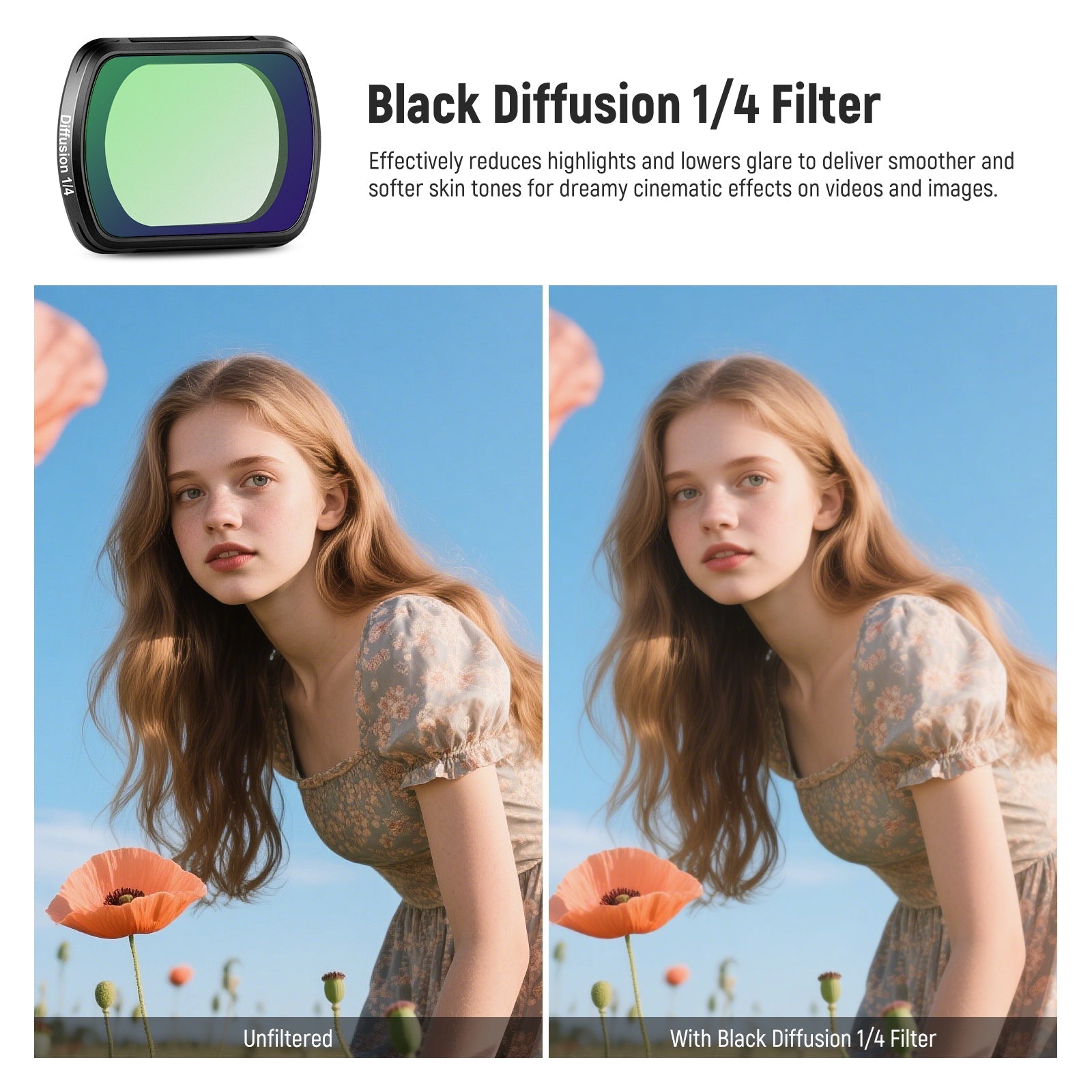 NEEWER FL-B33 Black Diffusion Filter & Wide Angle Lens for Pocket 3 / Pocket 4 & Xtra Muse