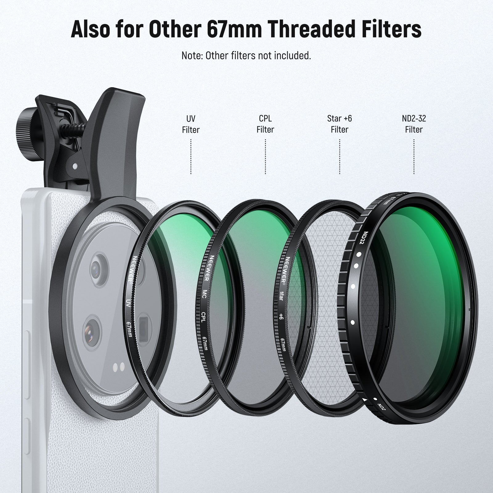 NEEWER FL-B24/FL-B20 67mm Black Diffusion 1/4 Filter with Clip For Smartphone