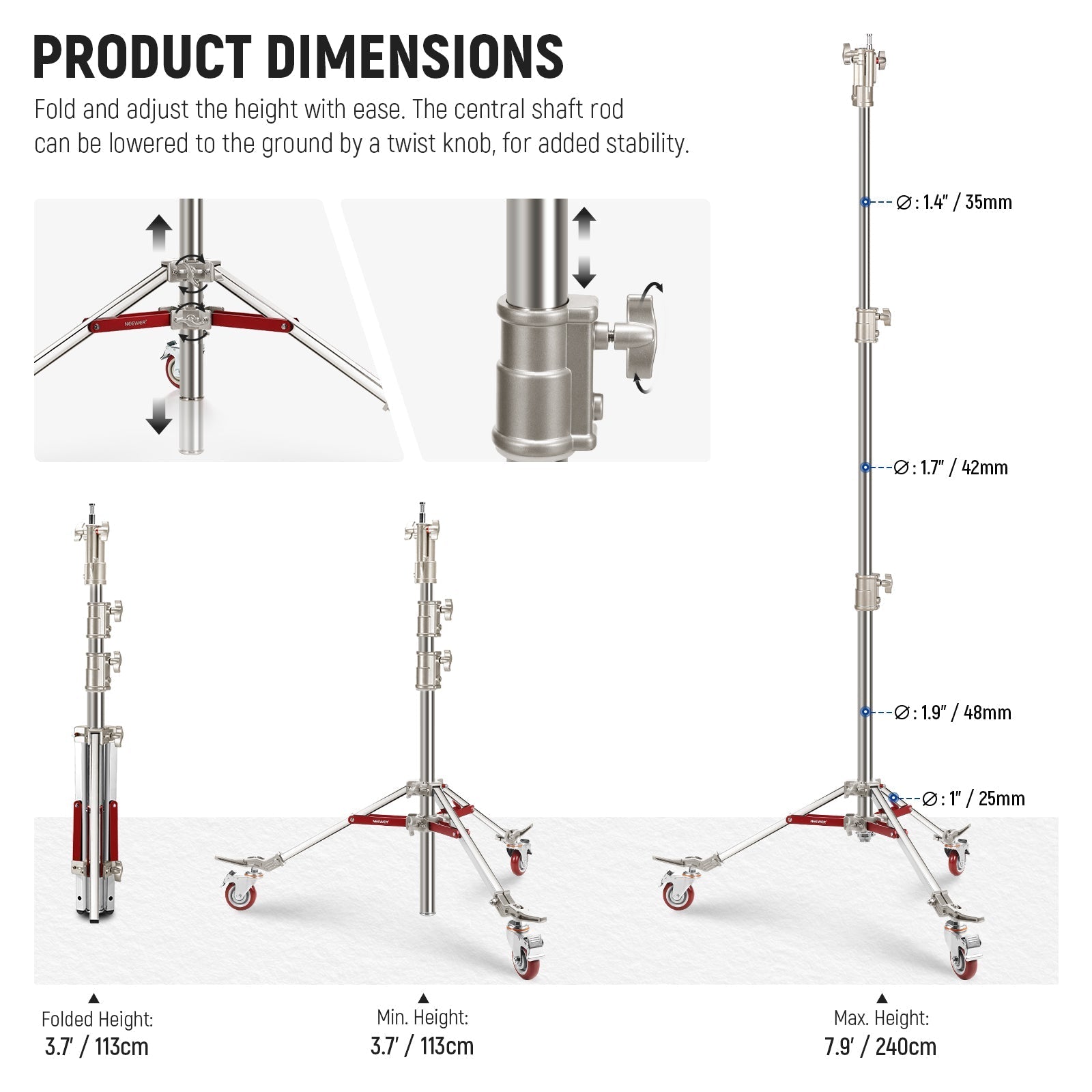 NEEWER ST240SS 240cm Heavy Duty Stainless Steel Light Stand with Casters
