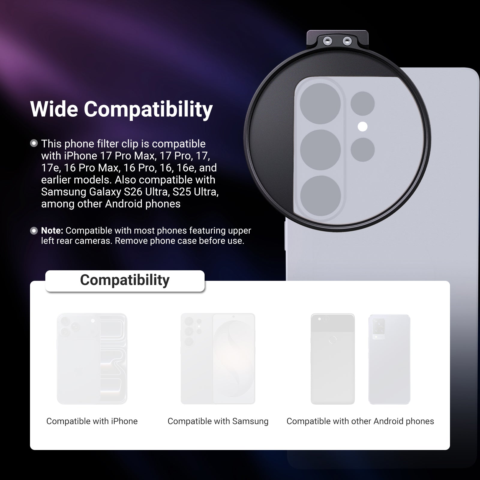 NEEWER 67mm Variable ND Filter Phone Clip Set (Compatible with S26)