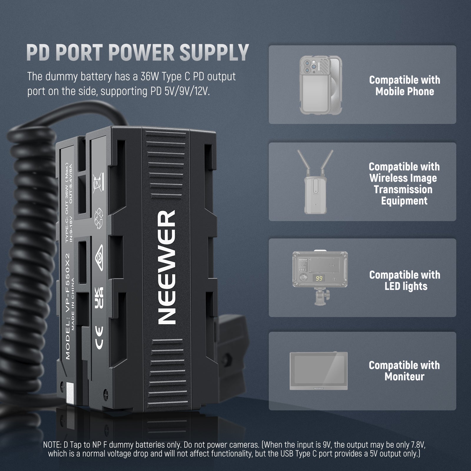 NEEWER VP-F550X2 Dual Sided Dummy Battery Adapter with Display