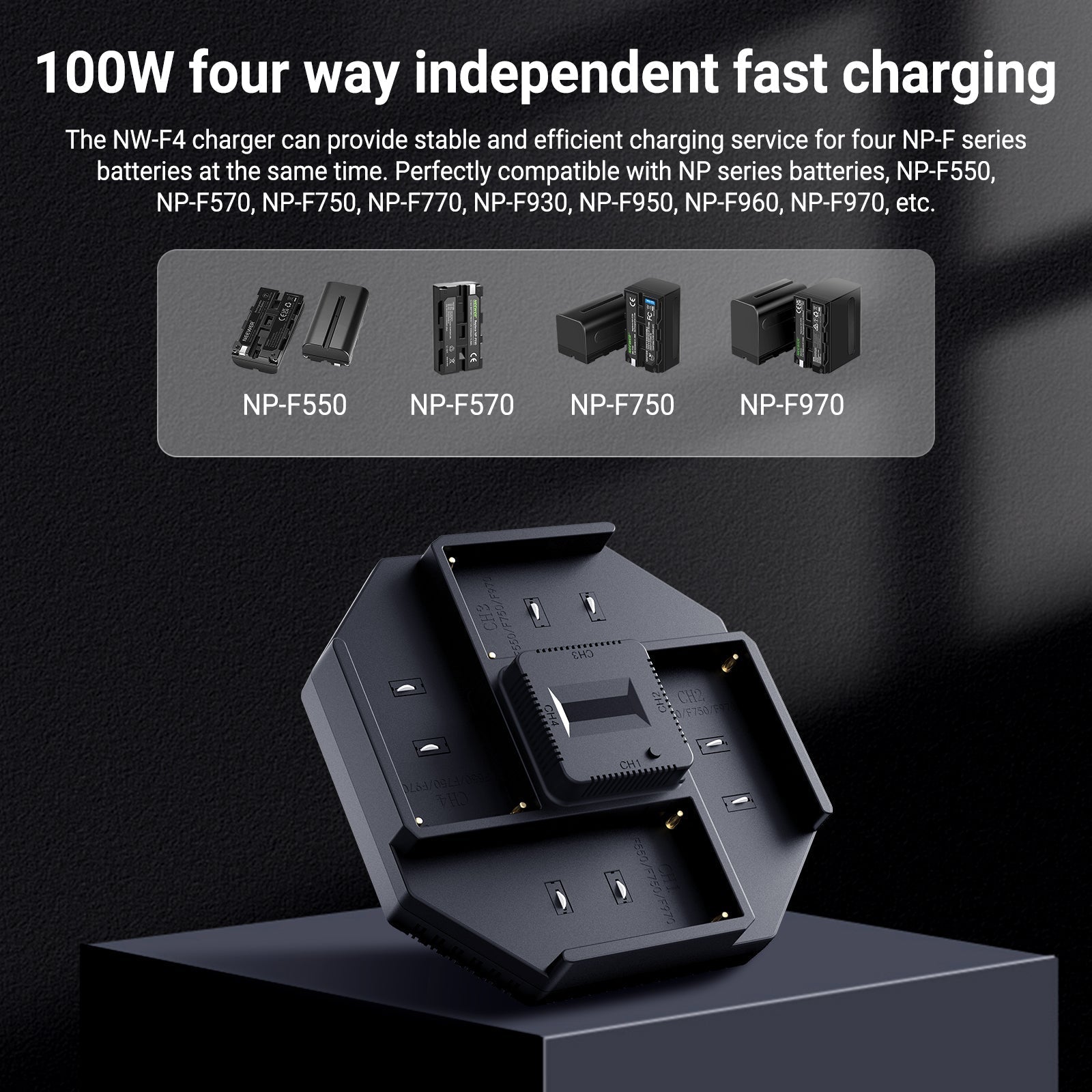 NEEWER NW-F4 100W 4 Channel Fast Charger for NP-F550 NP-F750 NP-F970 Battery