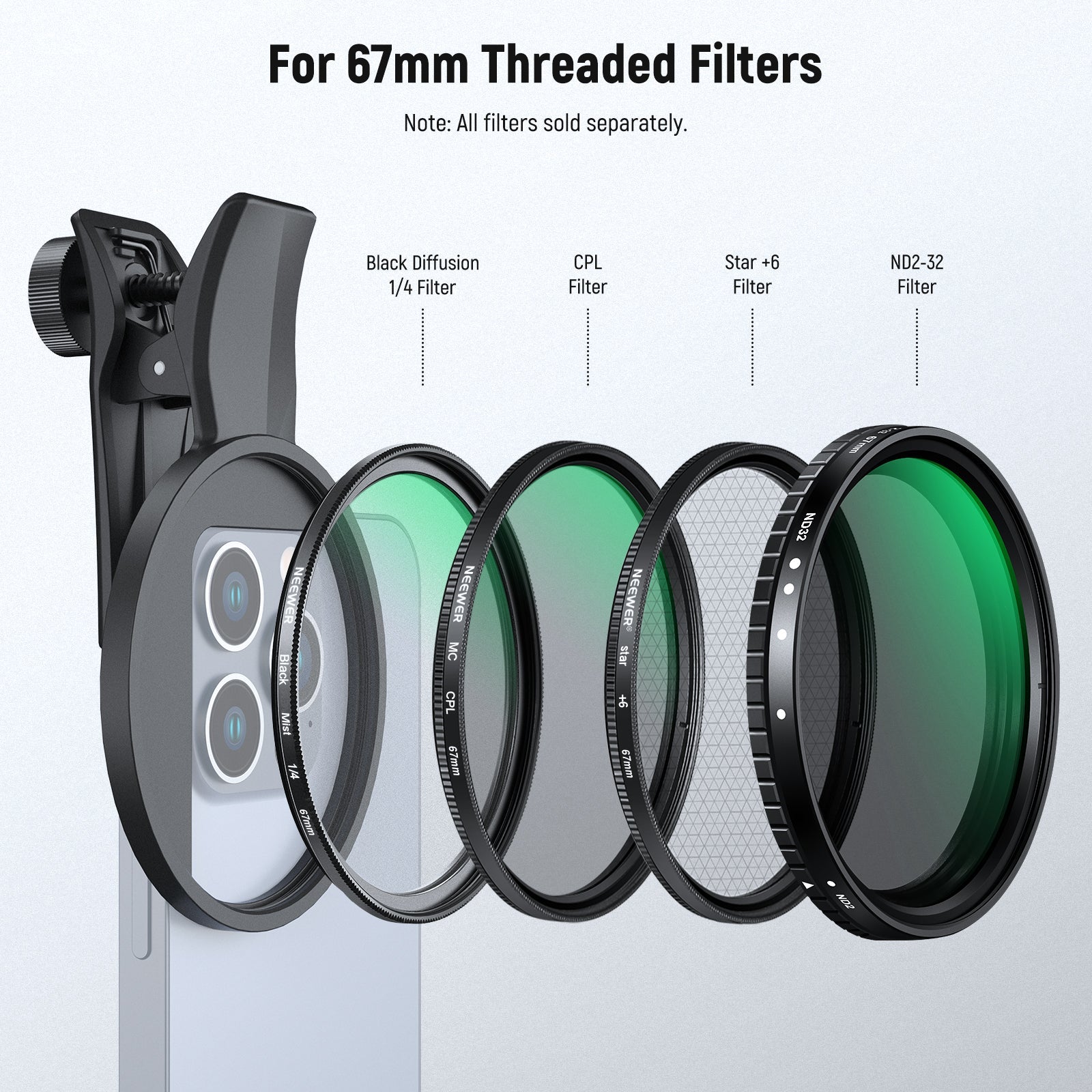 NEEWER LA007/LA008 67mm Phone Filter Clamp For Smartphone