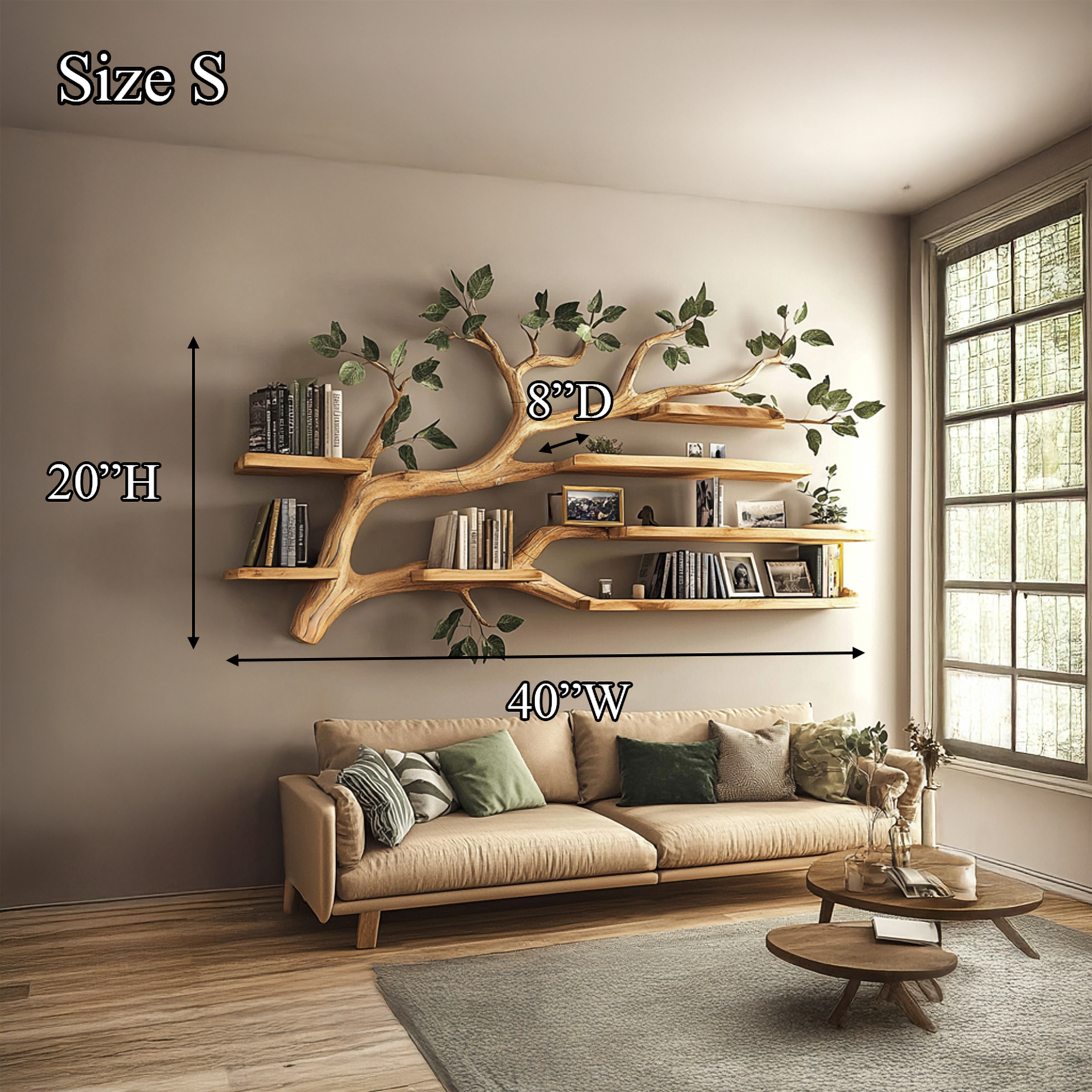 Rustic Tree Wall Shelf Living Room Office Reading Corner