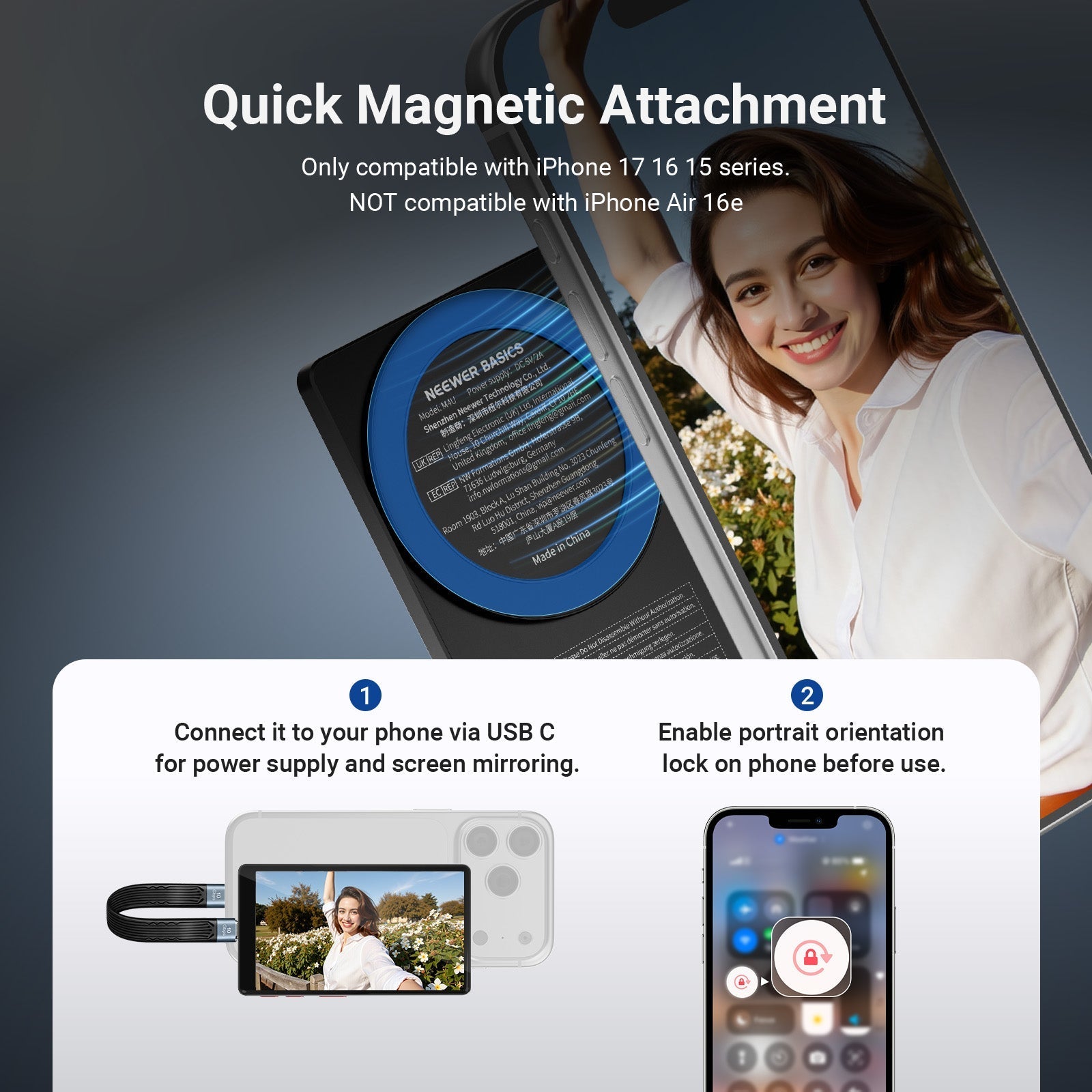 NEEWER BASICS M4U 4" Magnetic Metal Vlog Selfie Monitor Screen For iPhone