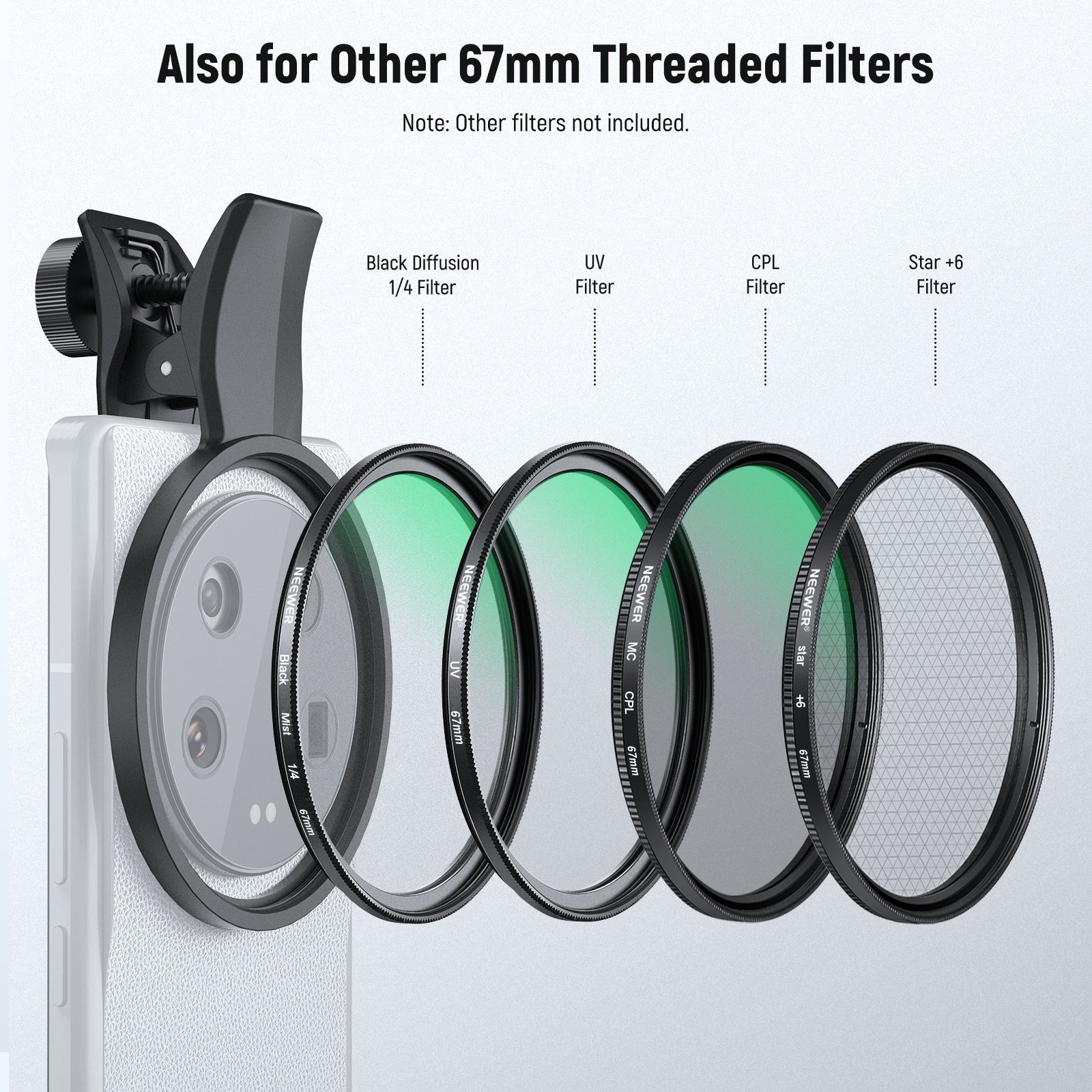 NEEWER FL-B21/FL-B25 67mm Variable ND2-32 Filter with Clip For Smartphone