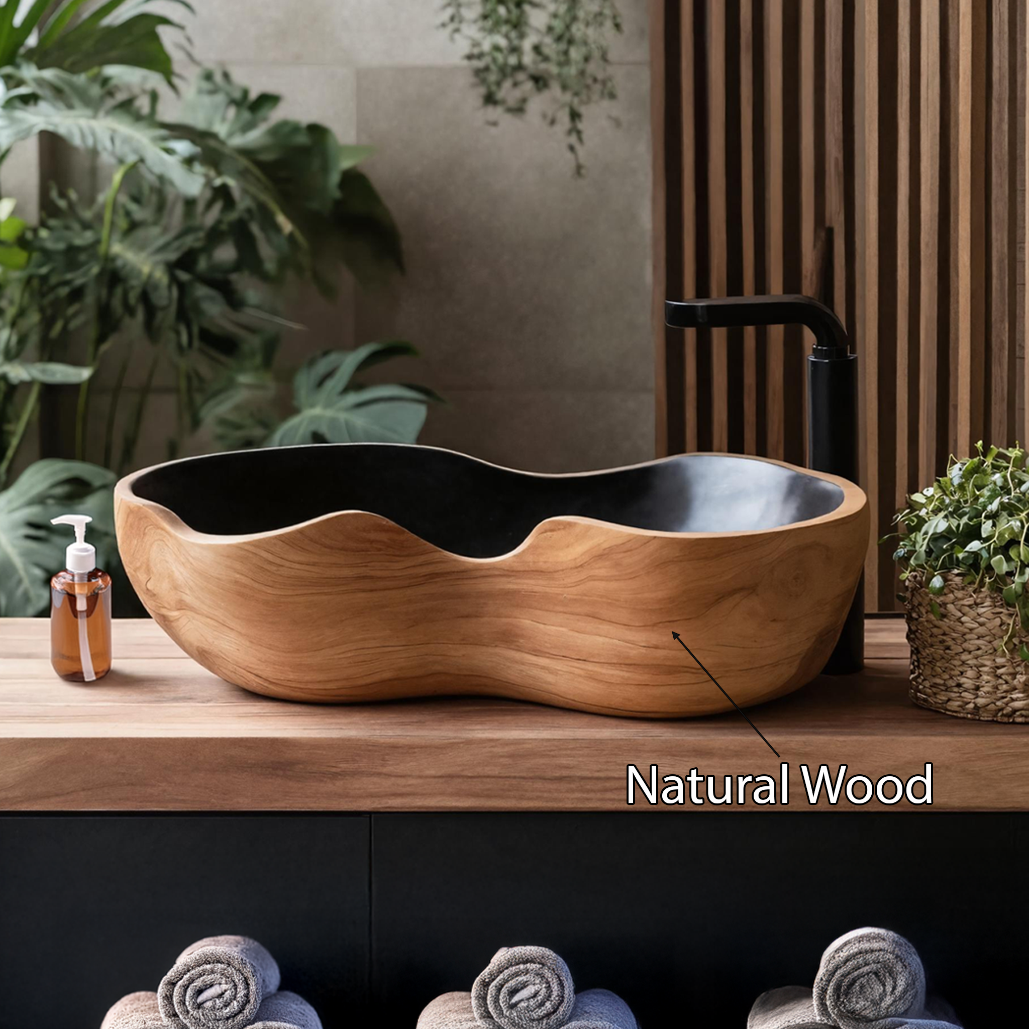 Mid Century Handcrafted Wood Wash Basin For Bathroom Use