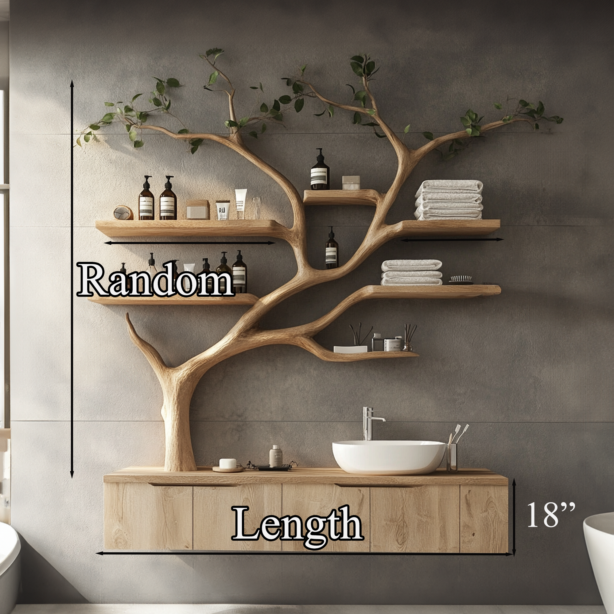 Tree Branches Rustic Bathroom Vanity With Sink Floating Shelves