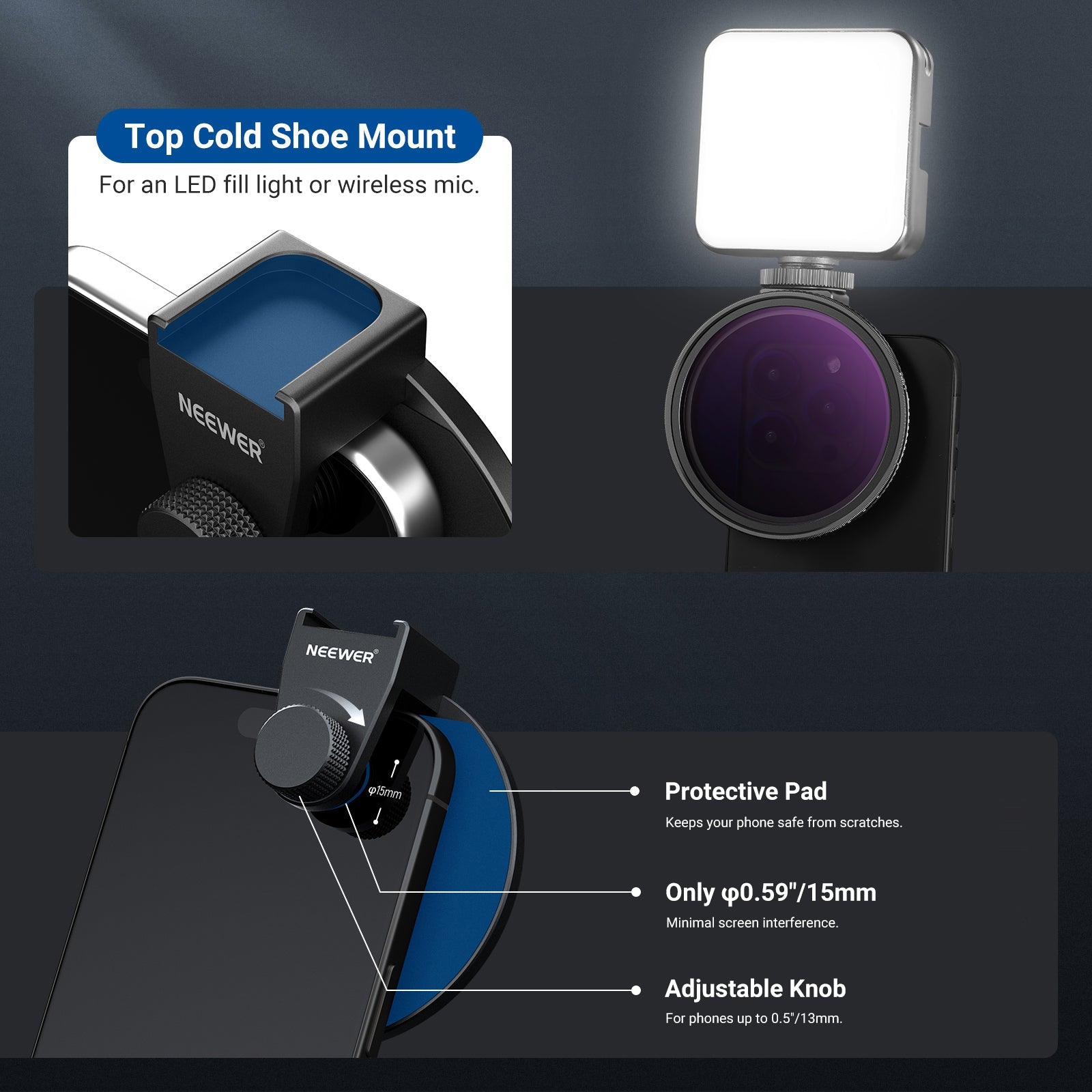 NEEWER 67mm Variable ND Filter Phone Clip Set (Compatible with S26)