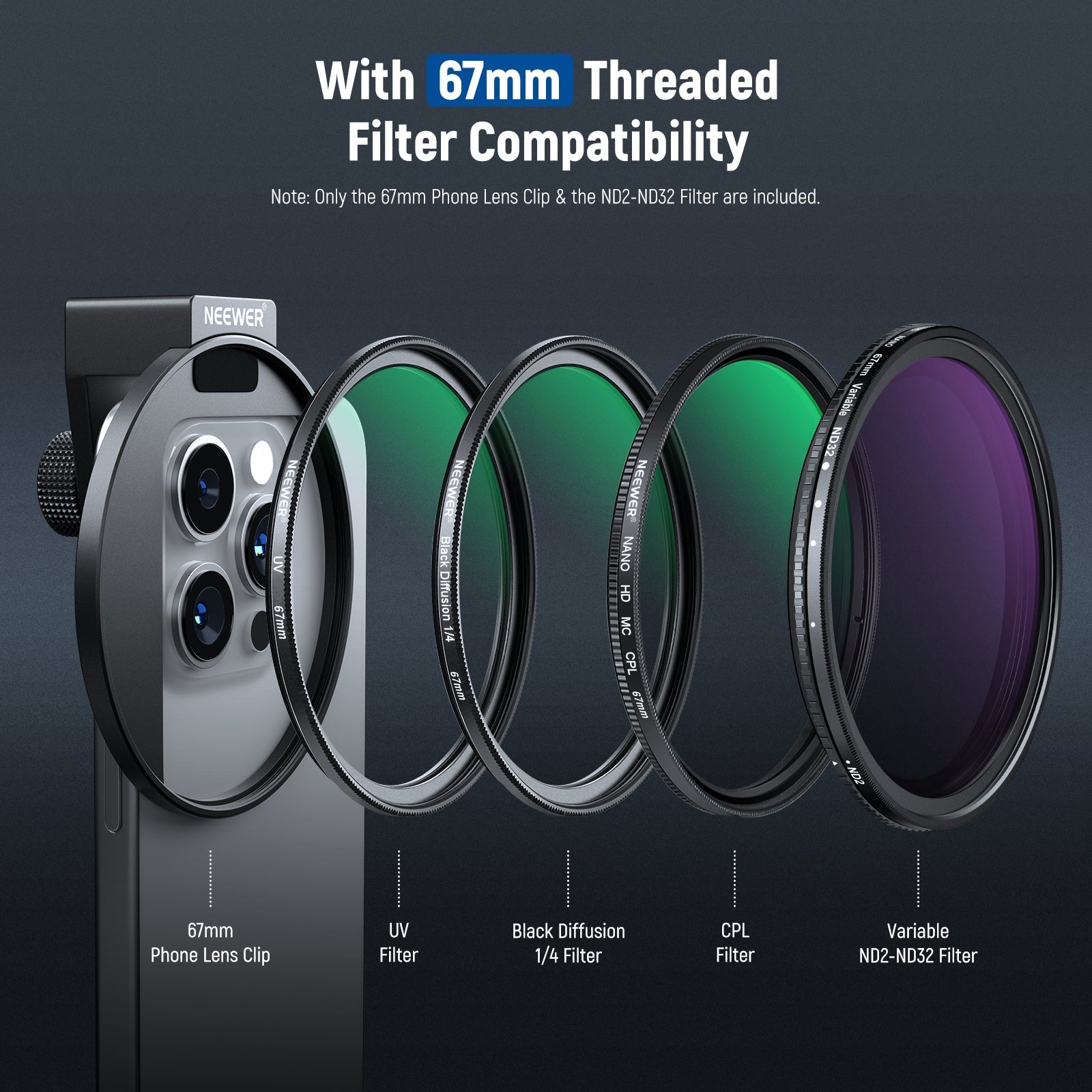 NEEWER Clip On 67mm ND2-ND32 HD Variable Phone Lens Filter Kit