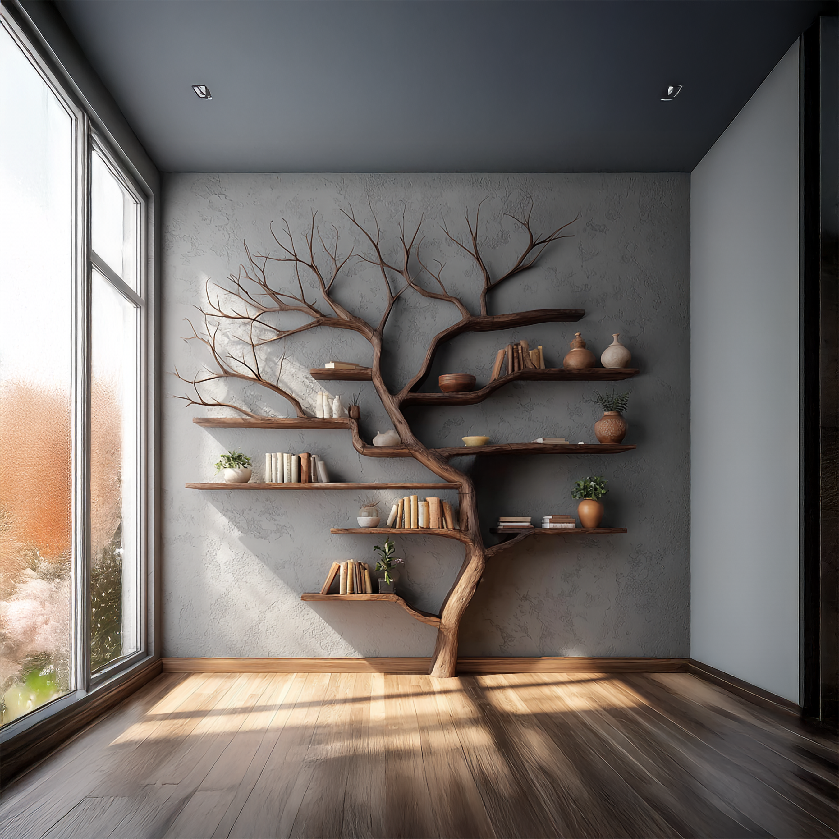 Rustic Tree Branch Bookshelf Living Wall