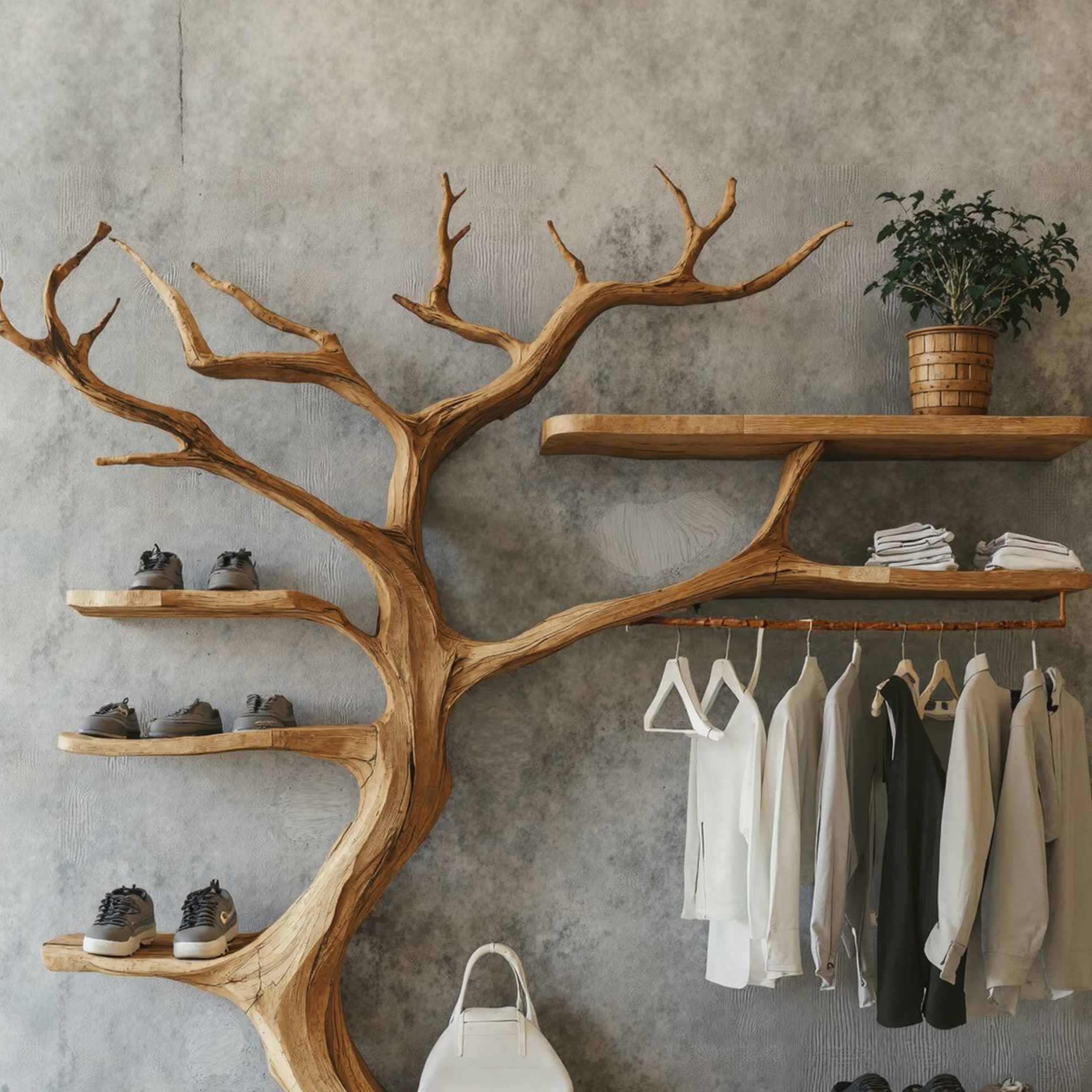 Rustic Tree Branch Standing Shoe Rack Coat Hanger Stand