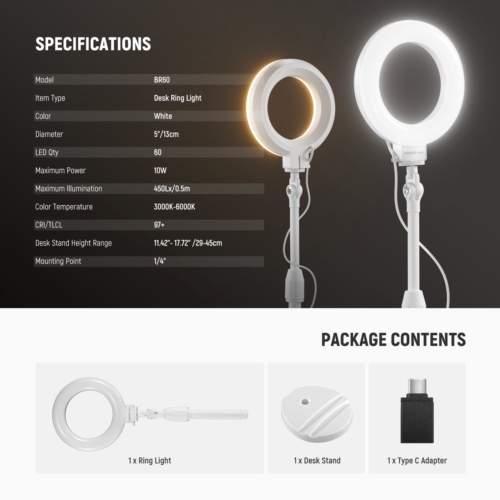 NEEWER BASICS BR60 5"/13cm Desk Ring Light with Stand