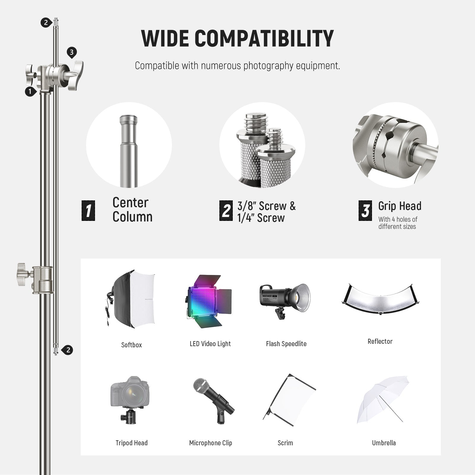 NEEWER SC320Q 320cm Stainless Steel Heavy Duty C Stand with Boom Arm
