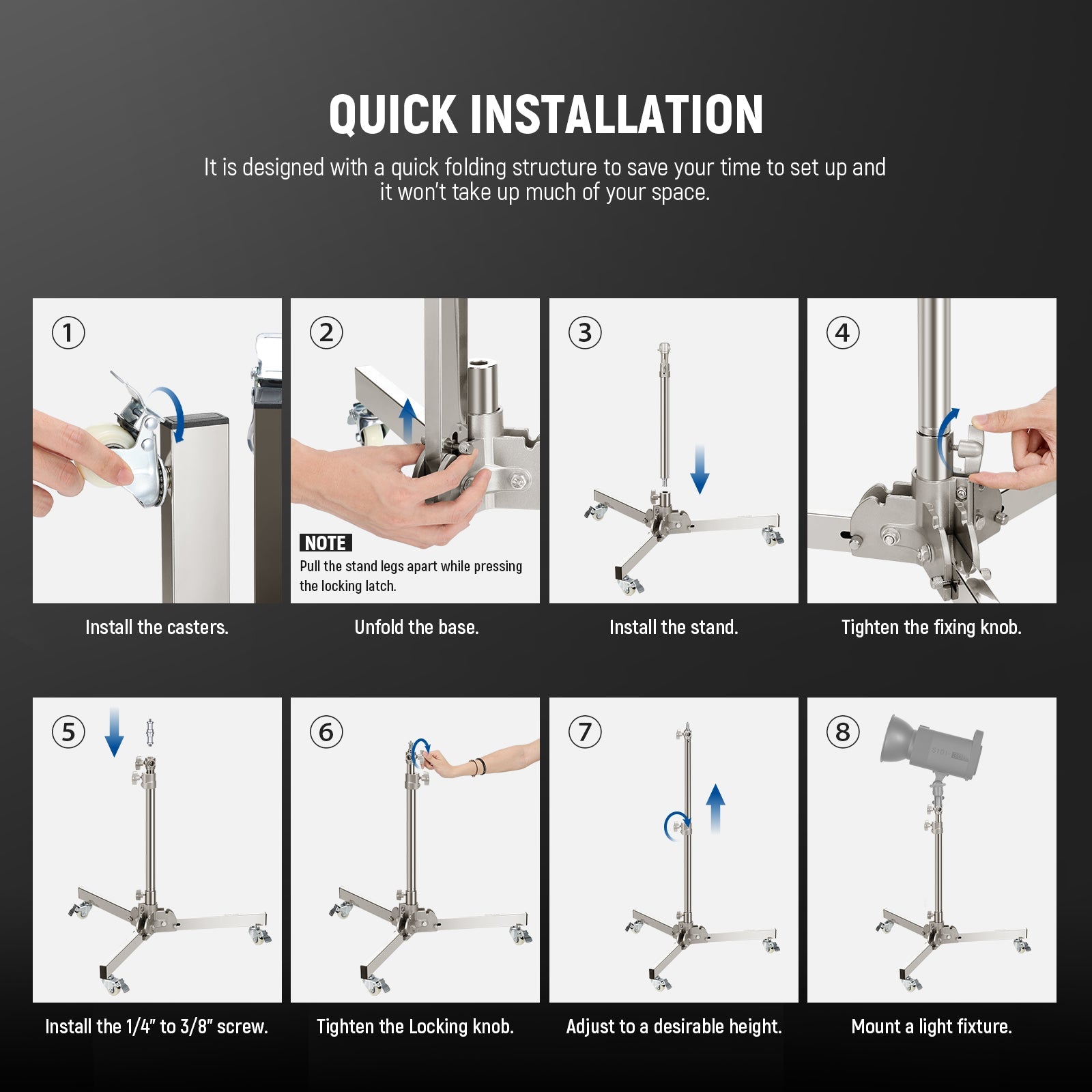 NEEWER ST98SS 98cm Heavy Duty Light Stand with Casters