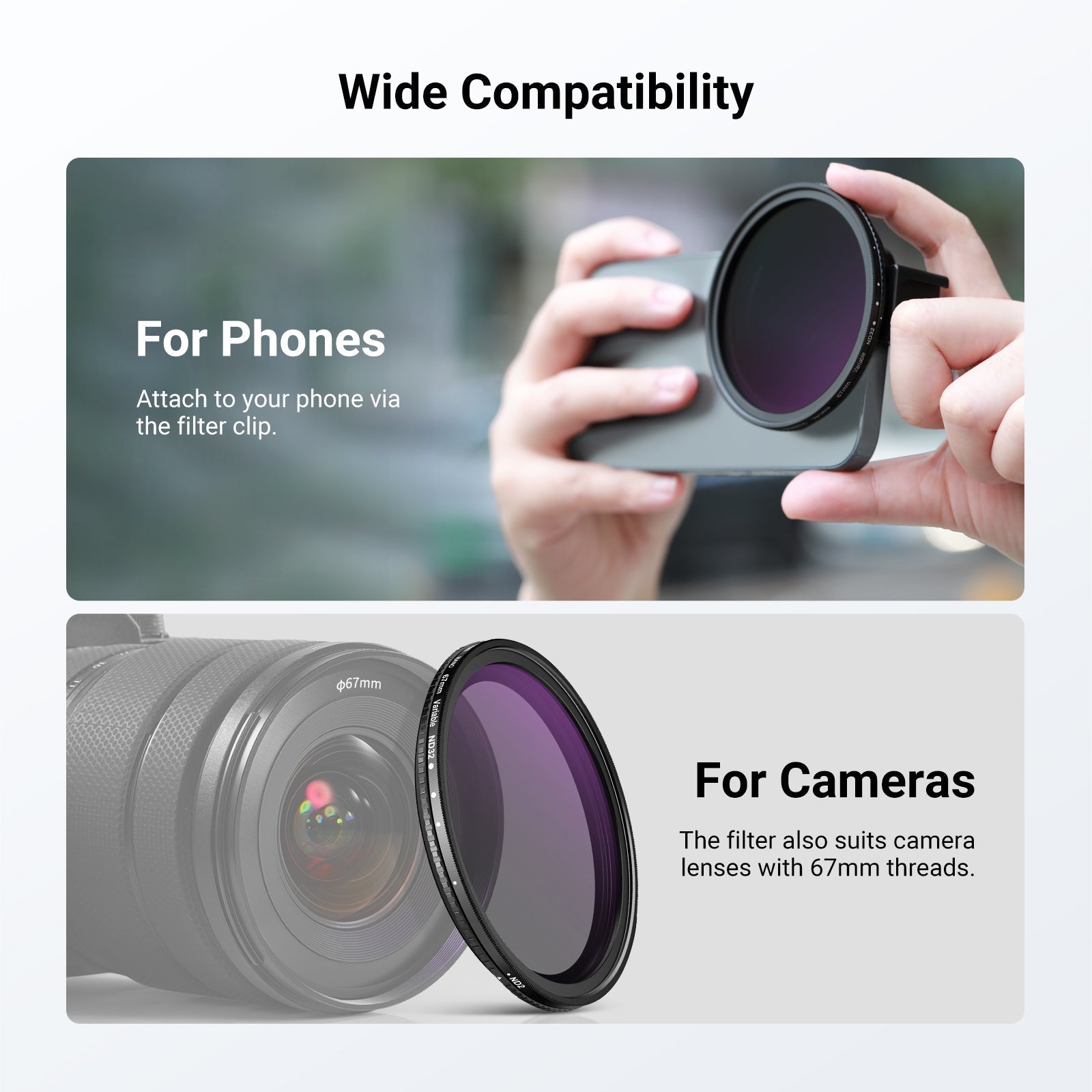 NEEWER 67mm Variable ND Filter Phone Clip Set (Compatible with S26)