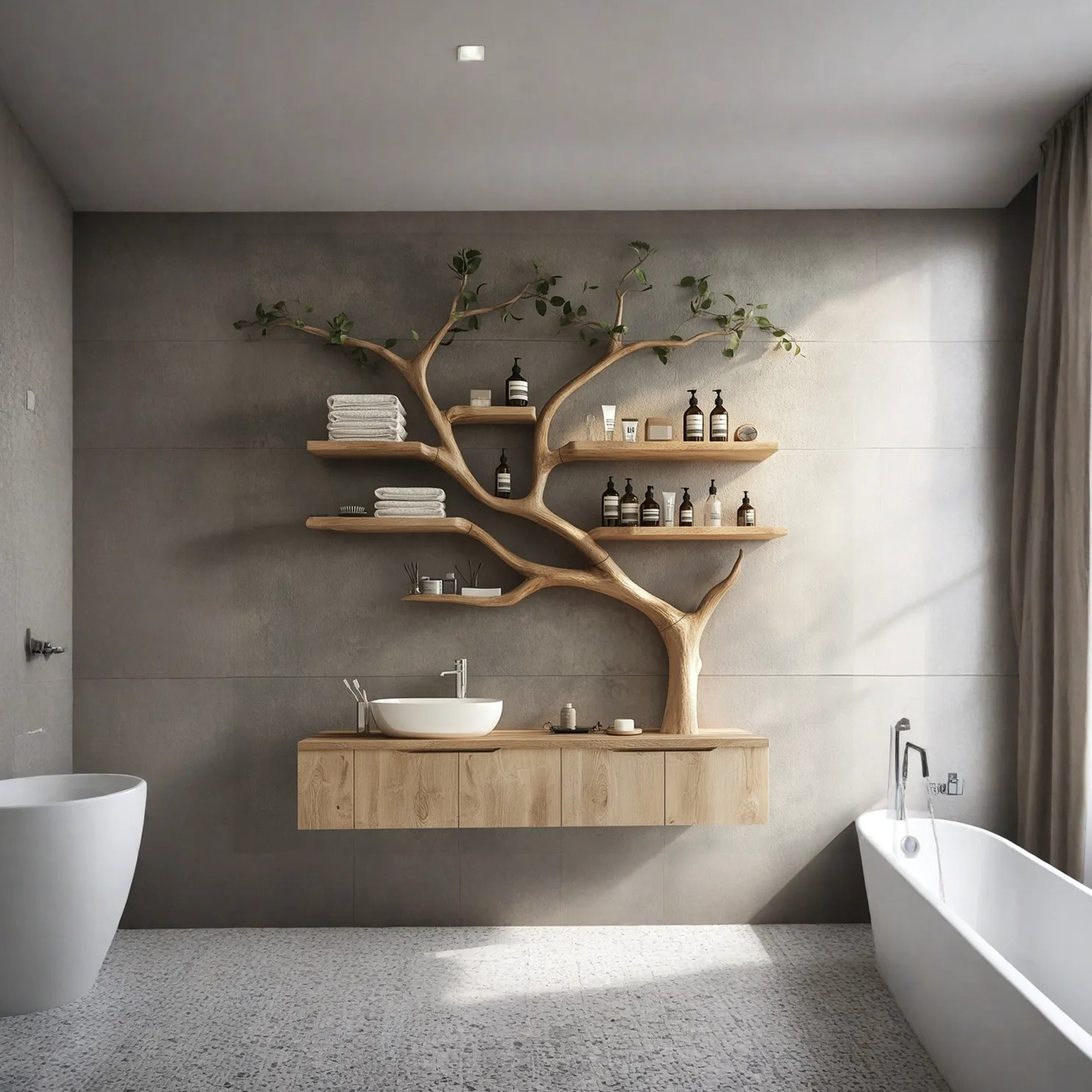 Tree Branches Rustic Bathroom Vanity With Sink Floating Shelves