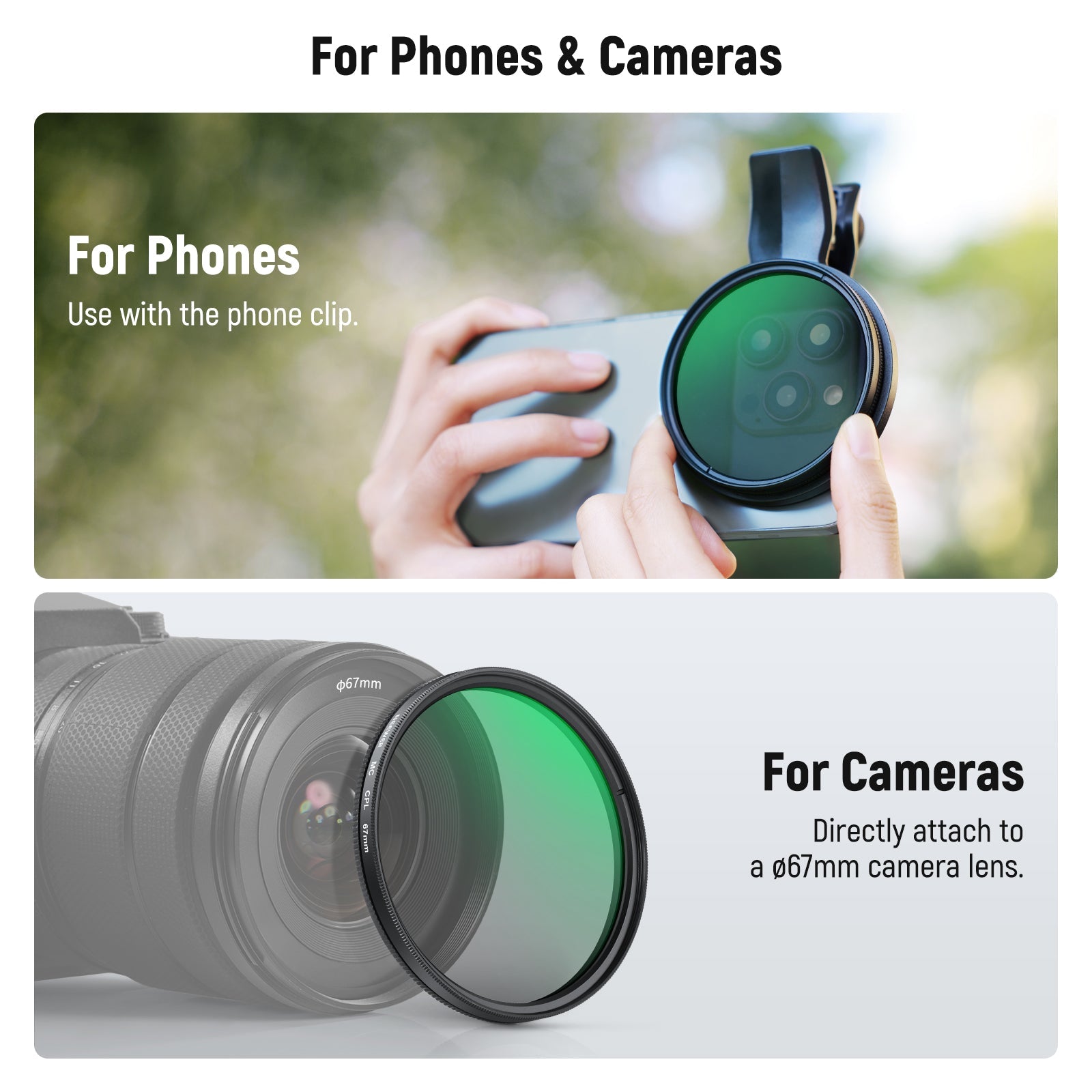 NEEWER FL-B23/FL-B19 67mm Clip On CPL Filter For Smartphone