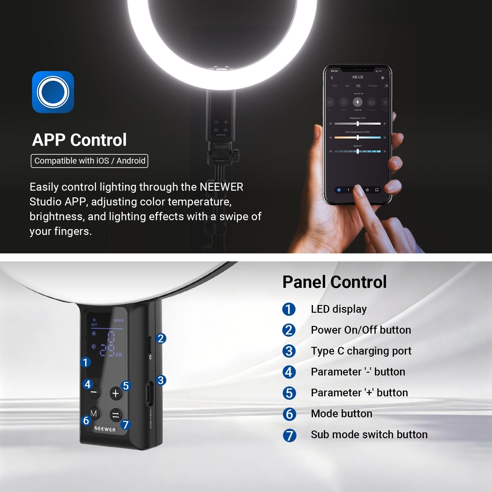 NEEWER RB12B 12" Cordless Bi-Color Ring Light