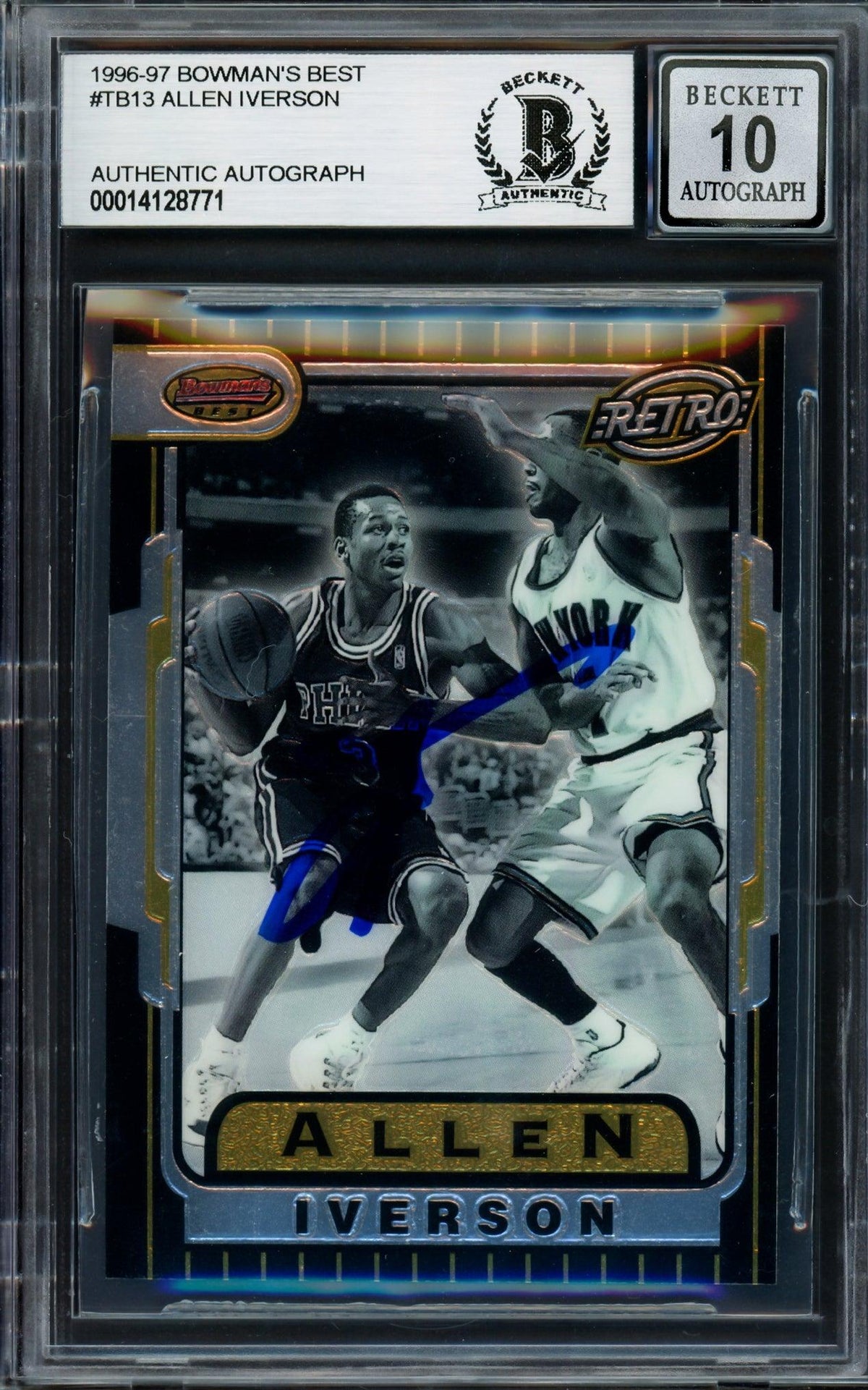 Allen Iverson Autographed 1996-97 Bowman's Best Retro Rookie Card #TB13 Philadelphia 76ers Auto Grade Gem Mint 10 Beckett BAS #14128771