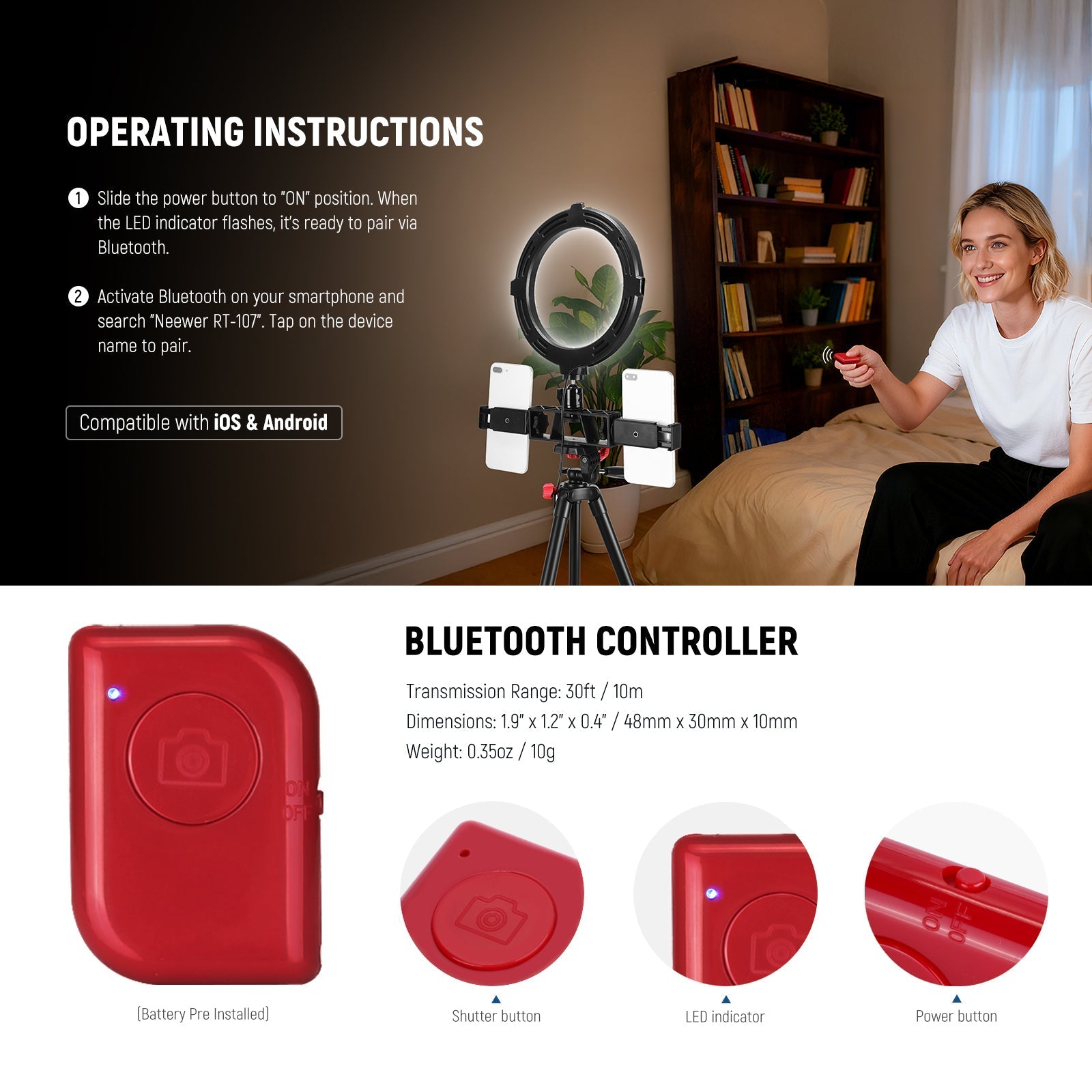 NEEWER BASICS R08 8" Selfie Ring Light with Tripod/2 Phone Holders/Remote