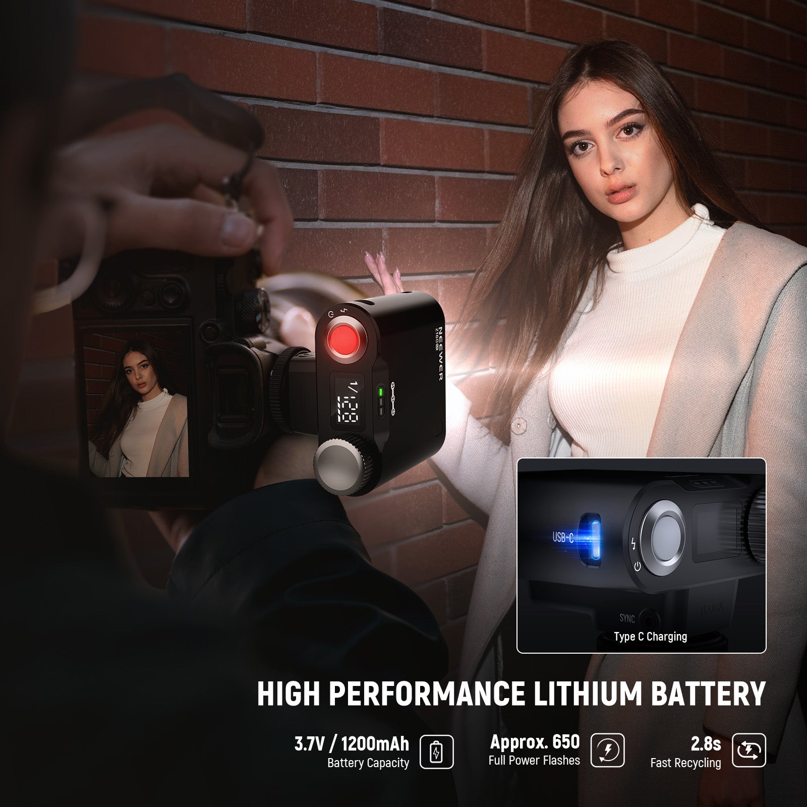 NEEWER Z160 SE Camera Flash with M/S1/S2 Modes & 1200mAh Built in Battery