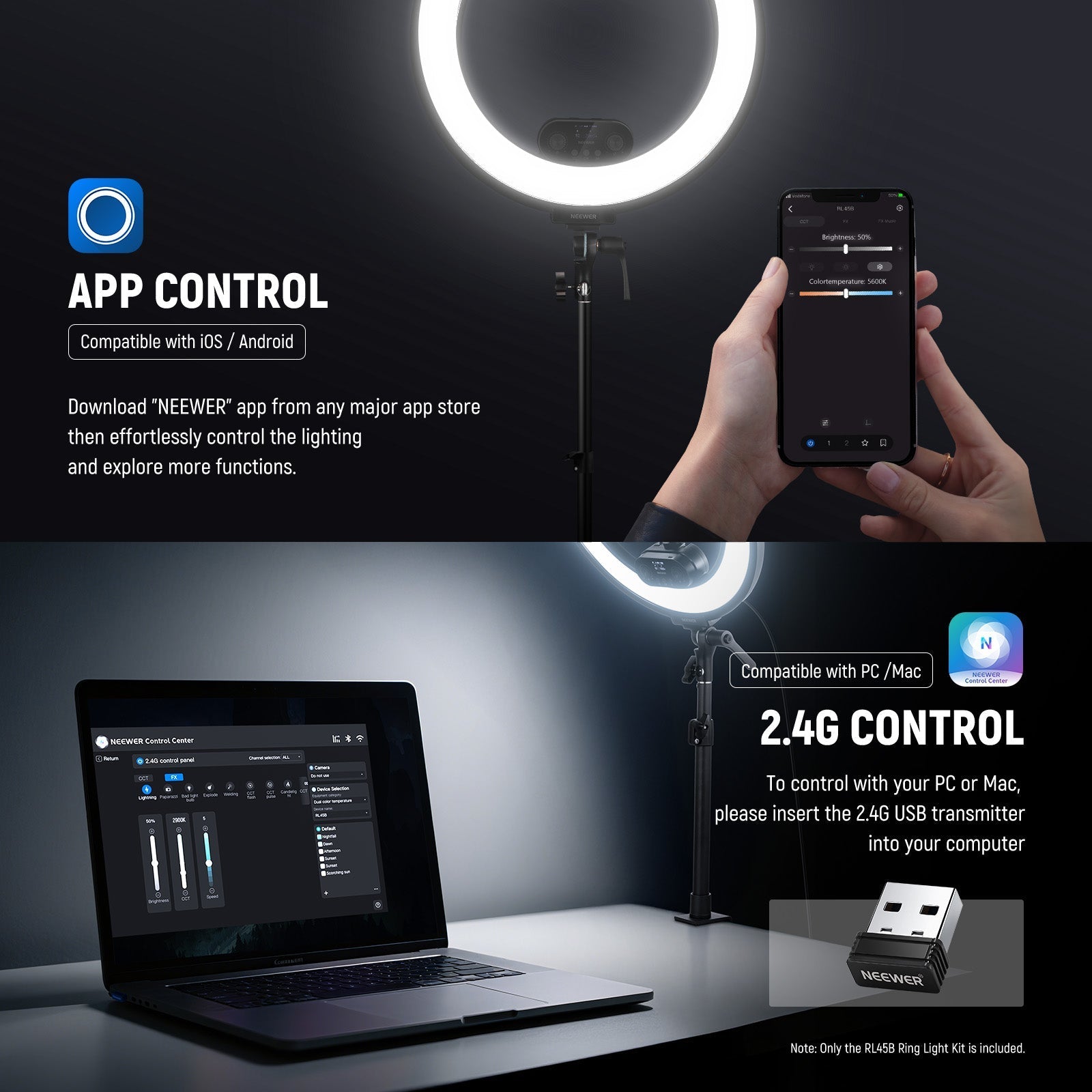 NEEWER RL45B 45W 18" Slim Edge Lit Ring Light Kit