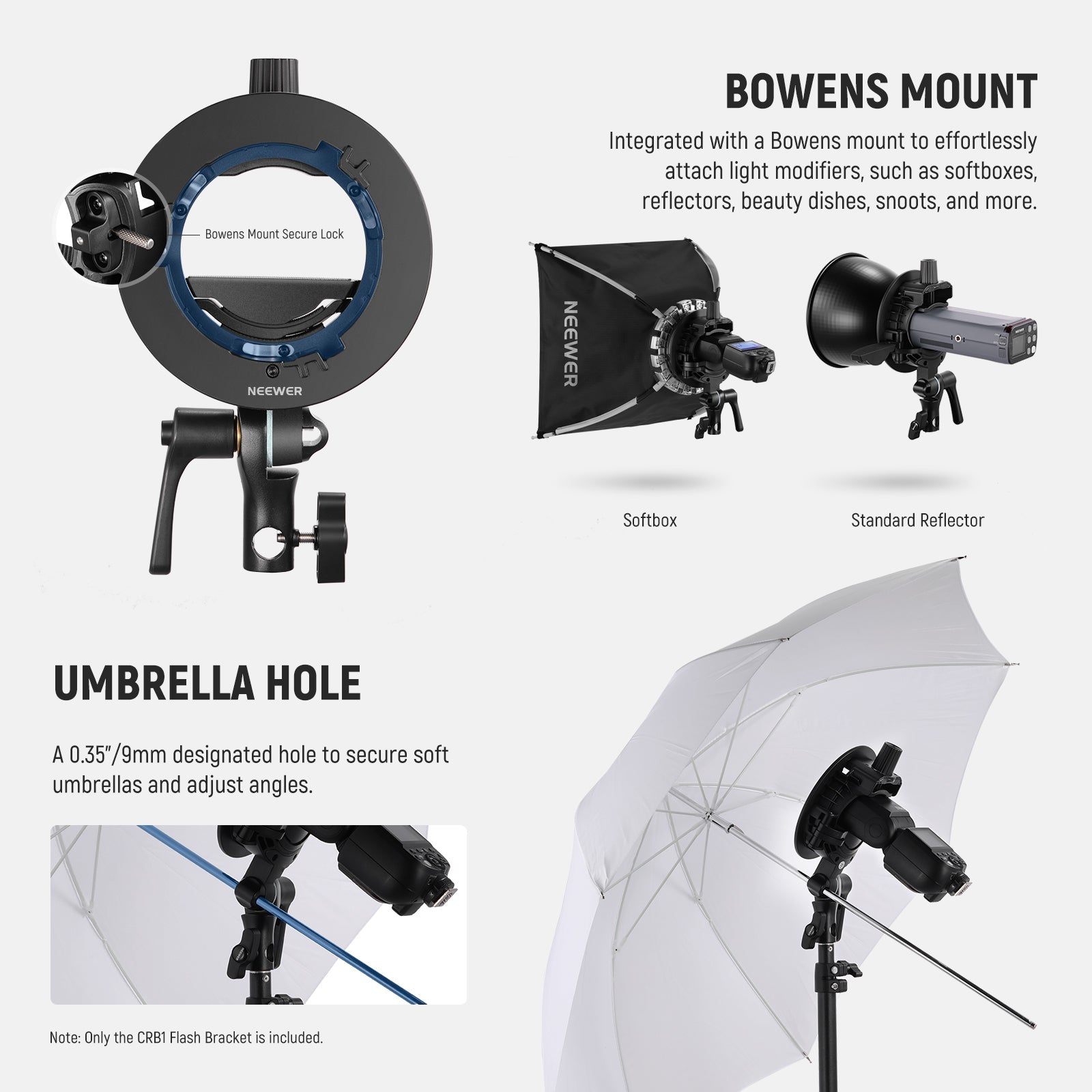 NEEWER CRB1 S Type Bowens Mount Bracket Holder for Round Square Head Flash