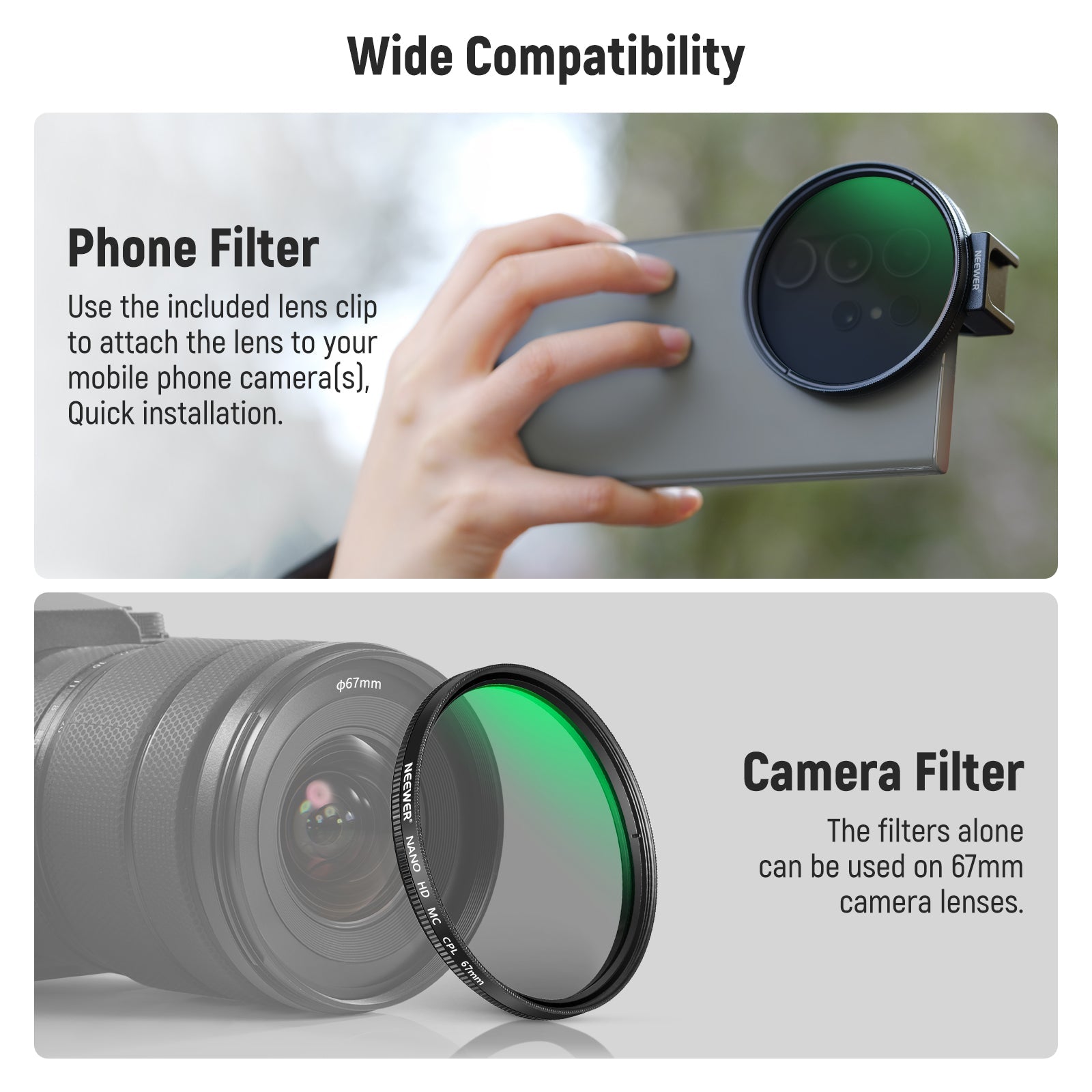 NEEWER FL-41 67mm CPL Filter for Cell Phone Camera Lens