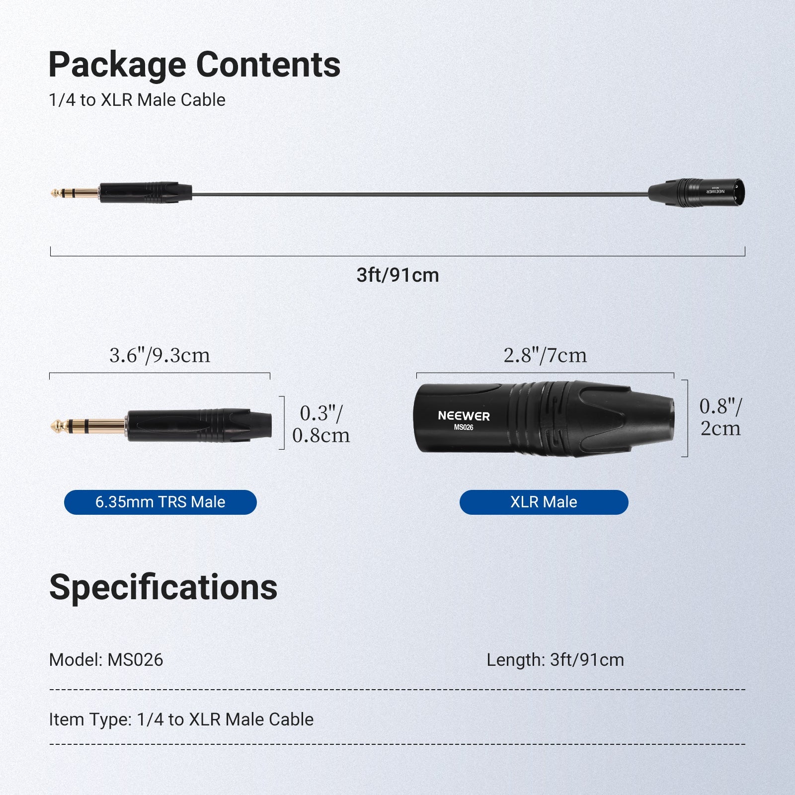 NEEWER MS026 6.35mm 1/4 TRS to XLR Male Cable