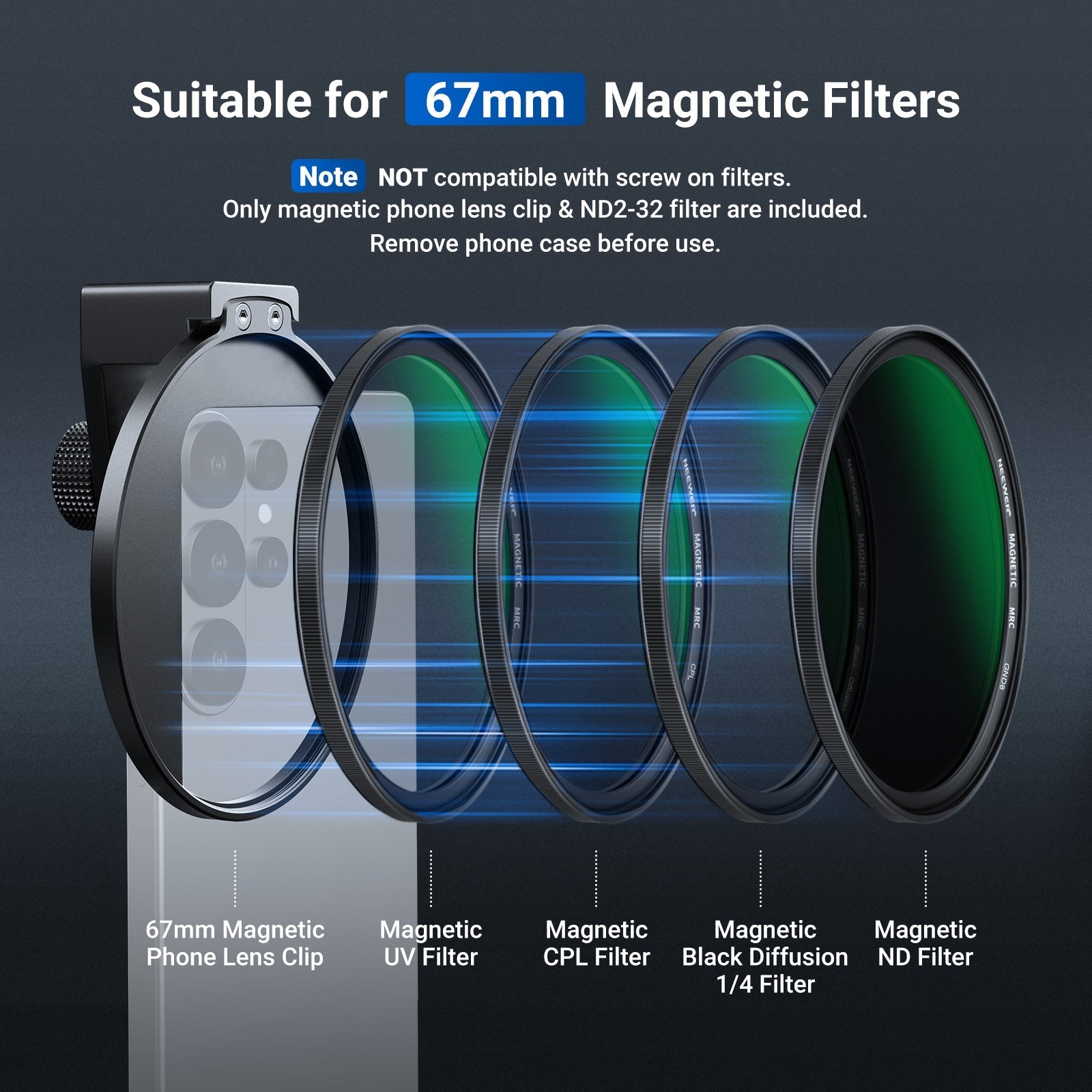 NEEWER 67mm Variable ND Filter Phone Clip Set (Compatible with S26)
