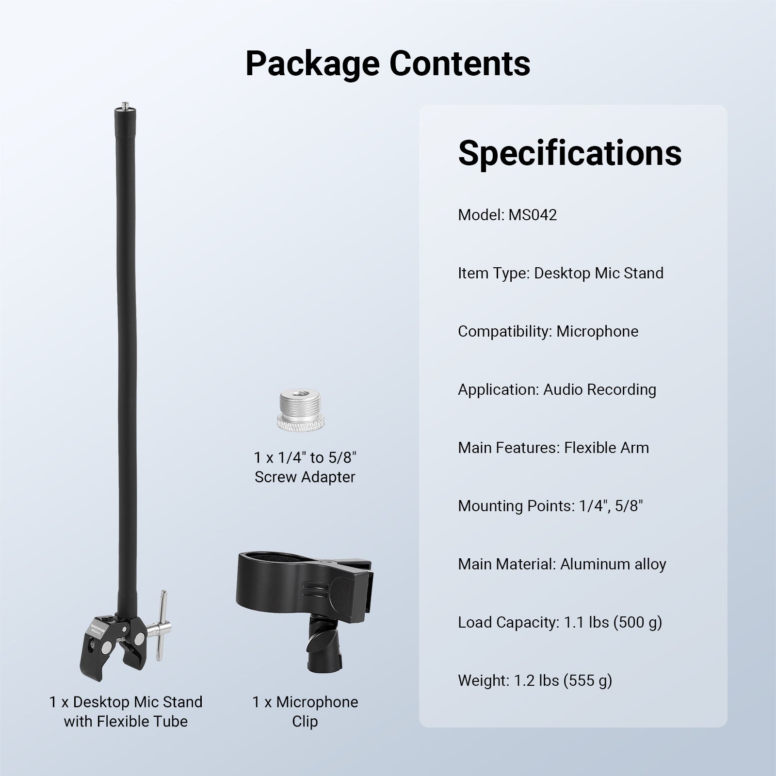 NEEWER MS042 Desktop Microphone Stand with Flexible Arm & Mic Clip