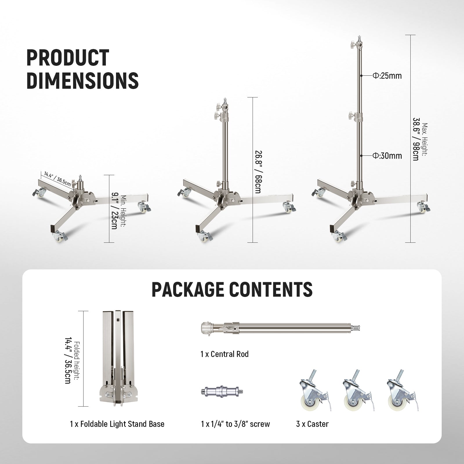 NEEWER ST98SS 98cm Heavy Duty Light Stand with Casters