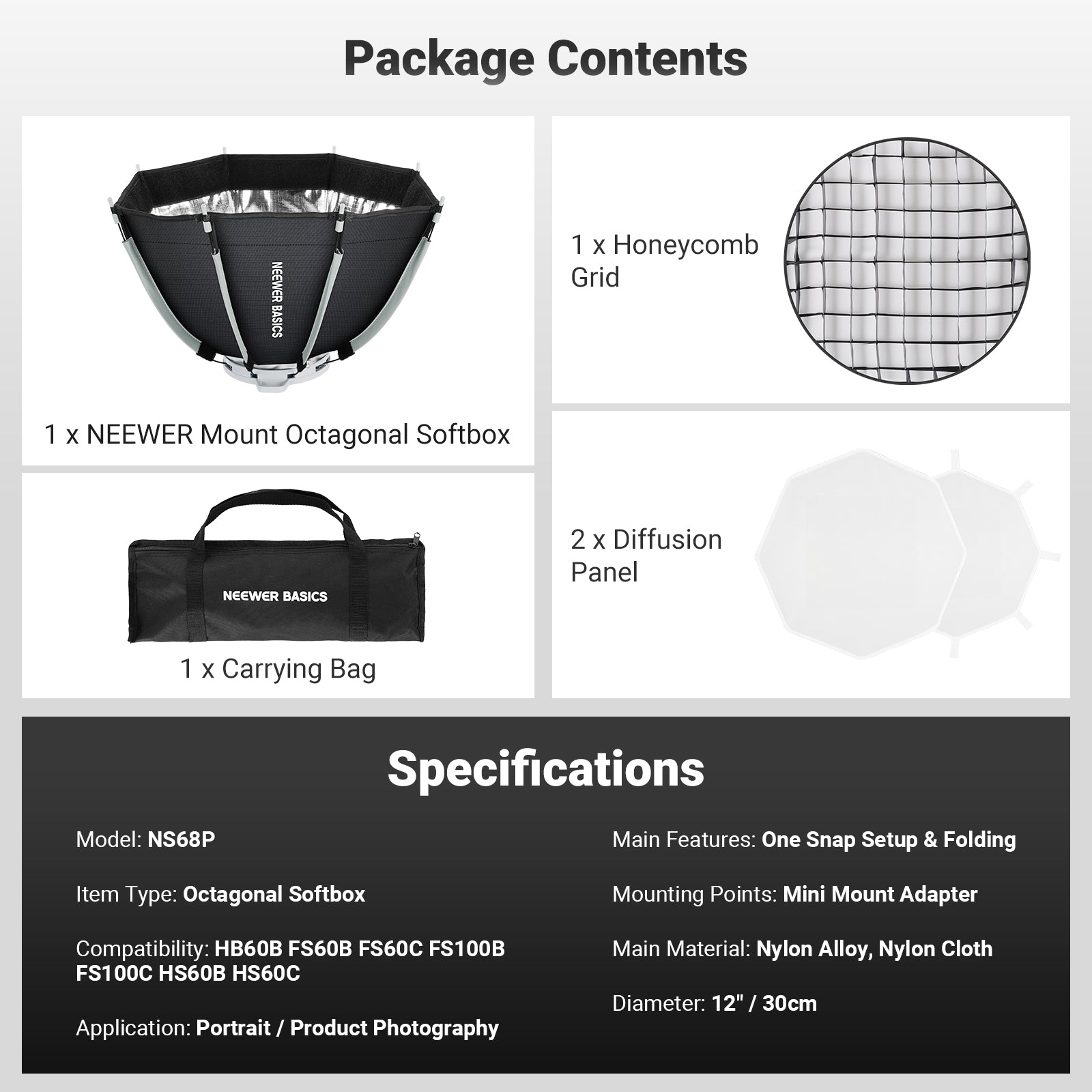 NEEWER BASICS NS68P 12" Octagon Softbox with Mini Mount