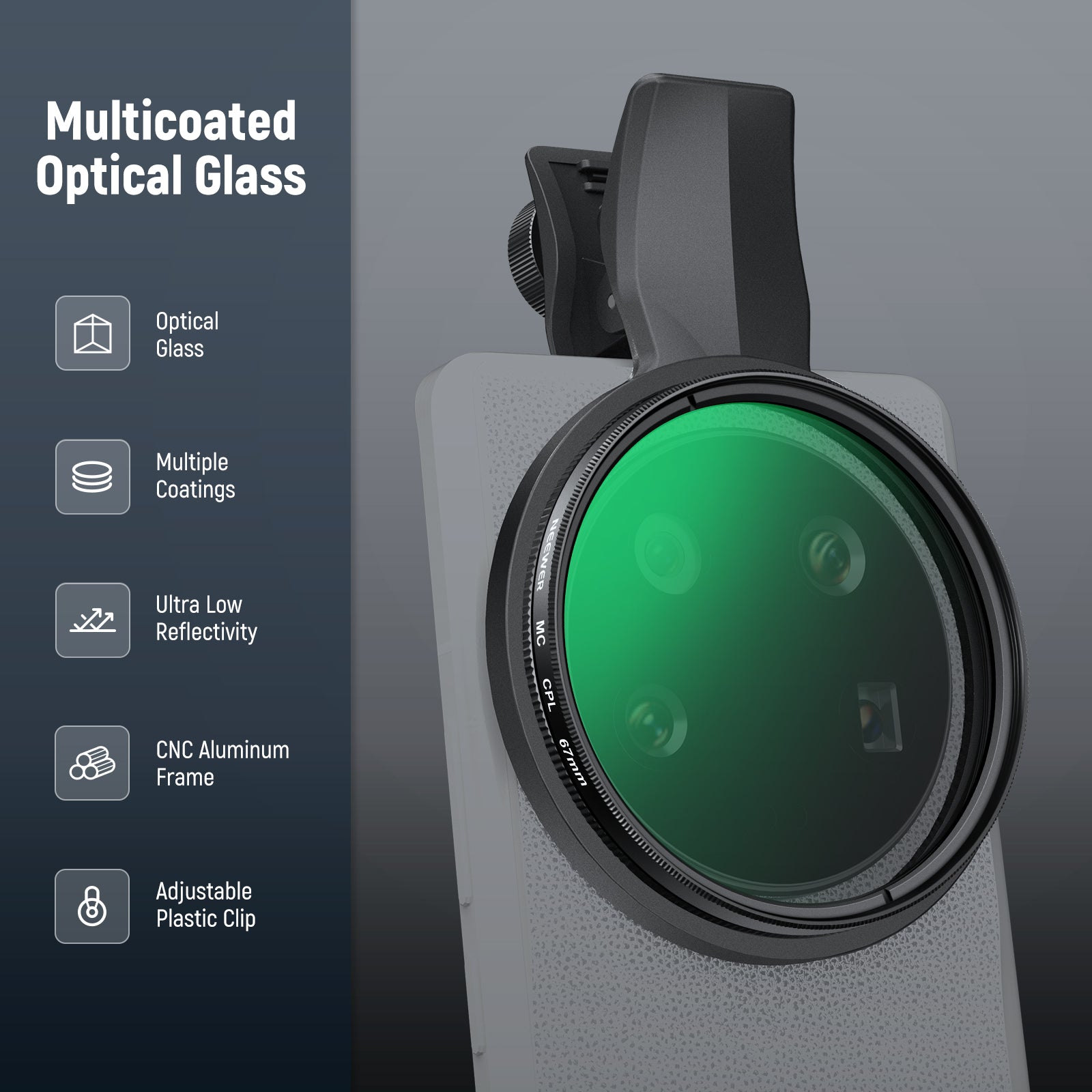 NEEWER FL-B23/FL-B19 67mm Clip On CPL Filter For Smartphone